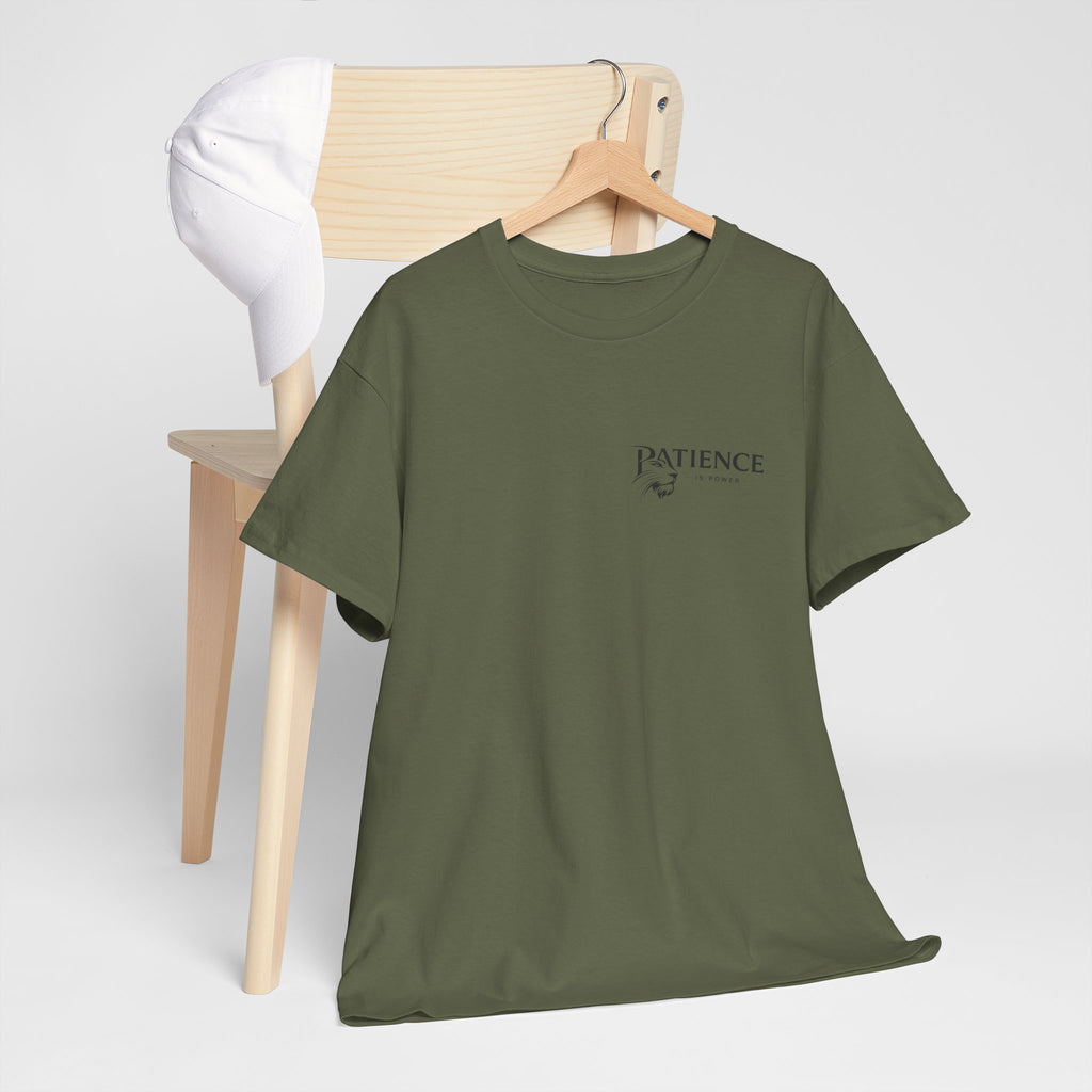 Patience Minimalist Tee — Small Script Floral Chest Print