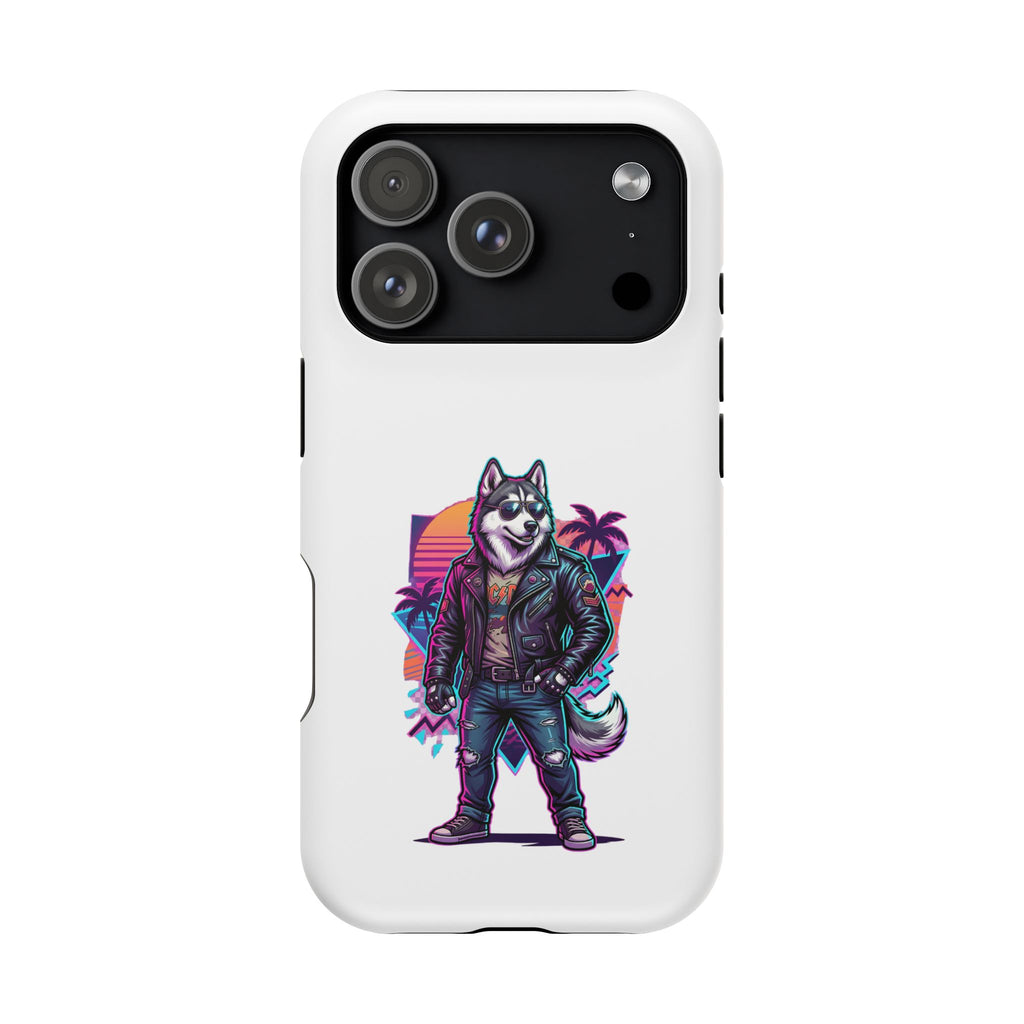 Husky Biker Phone Case — Retro Neon Motorcycle Jacket Magnetic Impact-Resistant Case