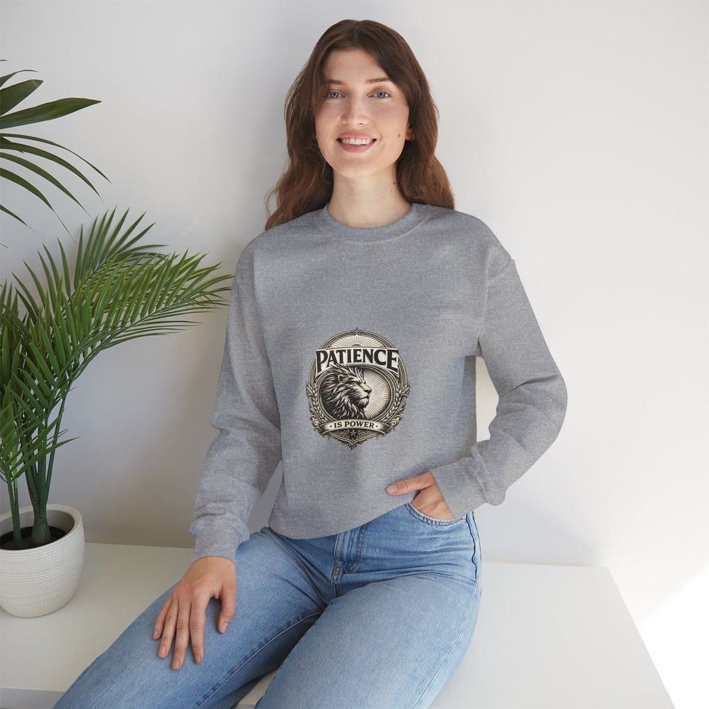 Patience Lion Crewneck Sweatshirt — Vintage Emblem Graphic