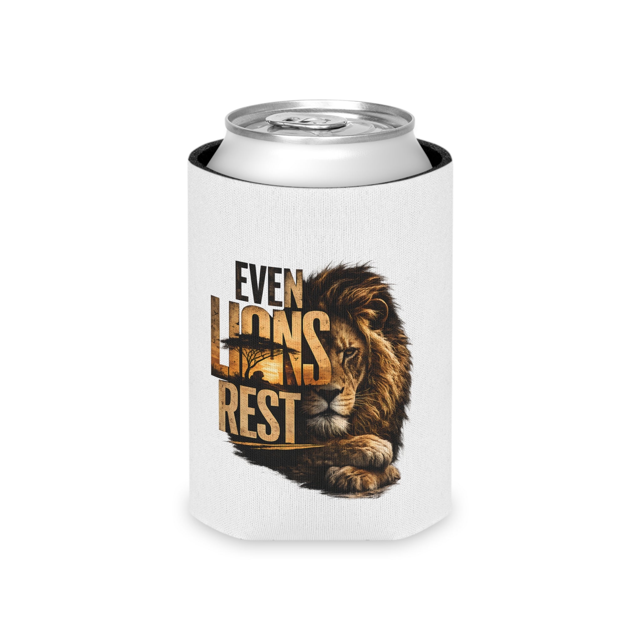 Can Cooler — "Even Lions Rest" Lion Graphic Beer Can Cooler
