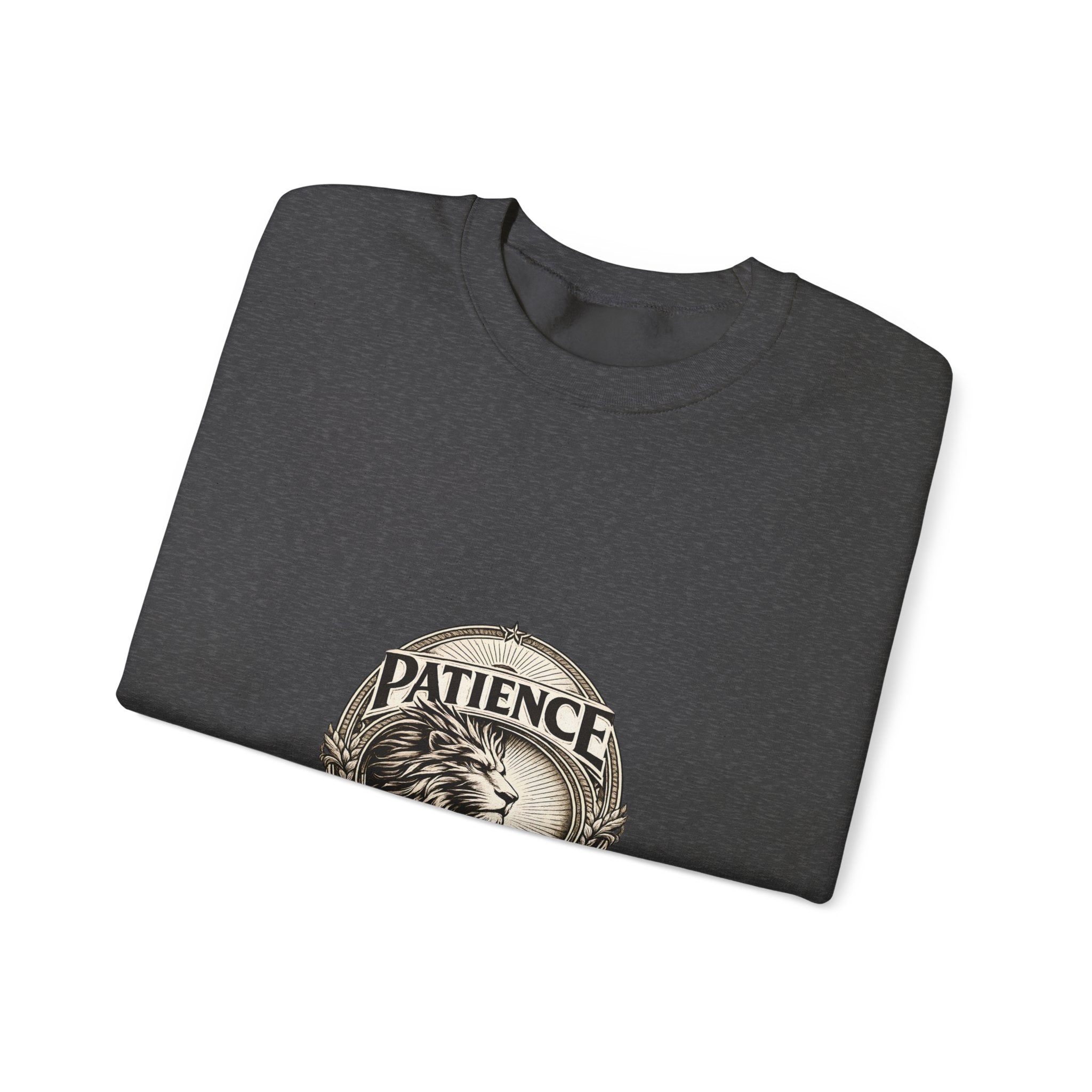 Patience Lion Crewneck Sweatshirt — Vintage Emblem Graphic