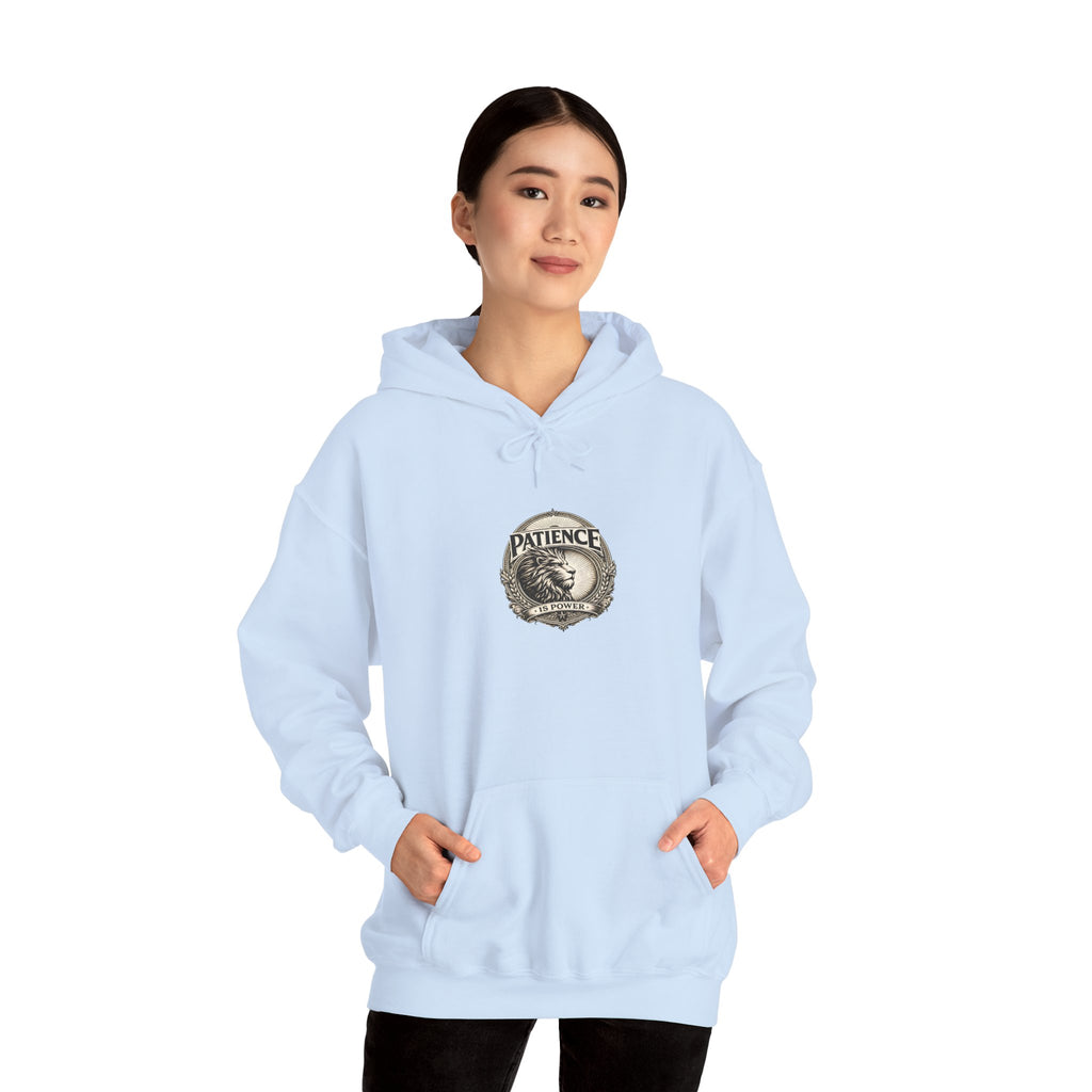Patience Vintage Crest Hoodie — Inspirational Retro Emblem Sweatshirt