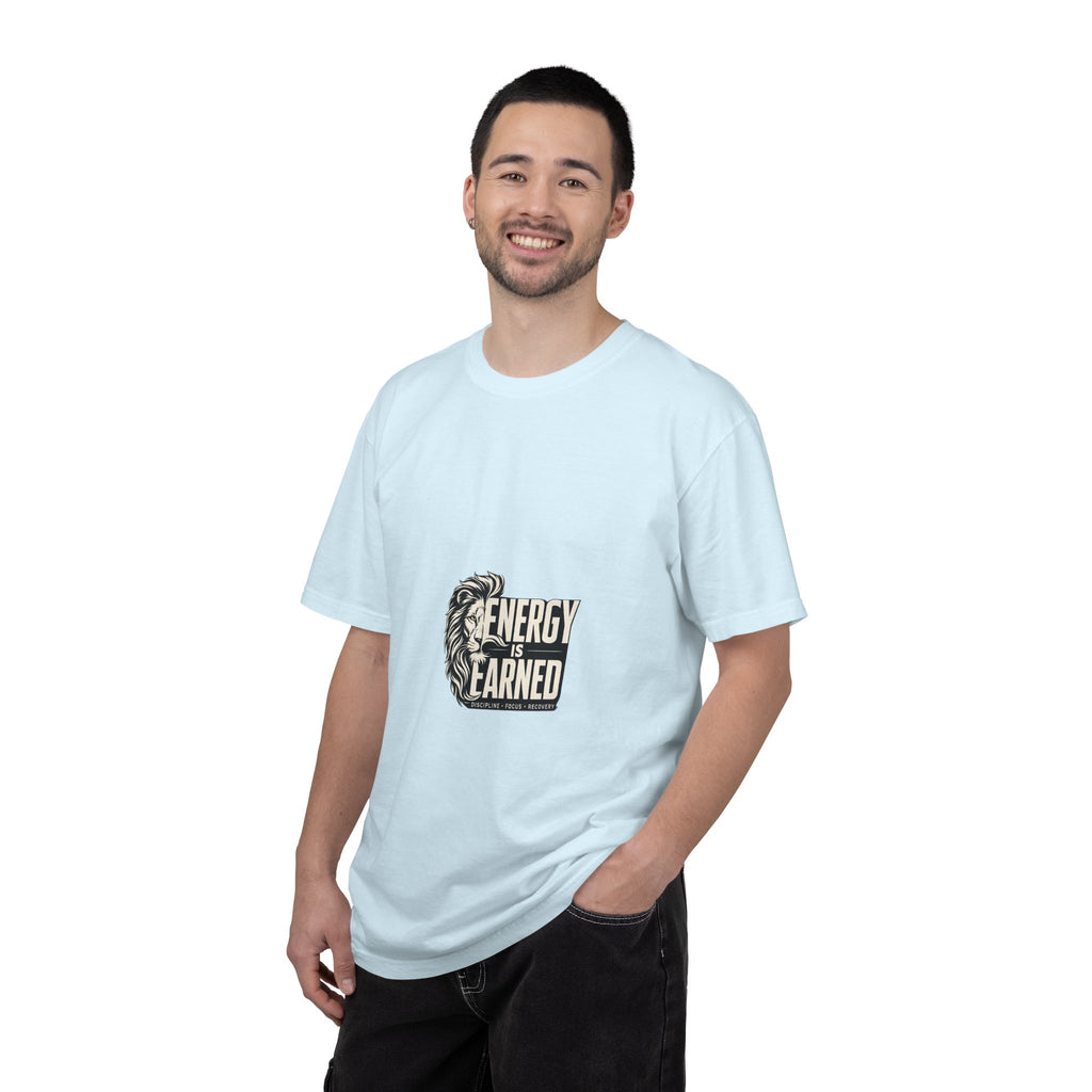 Energy Is Earned T-Shirt — Lion Graphic Motivational Tee