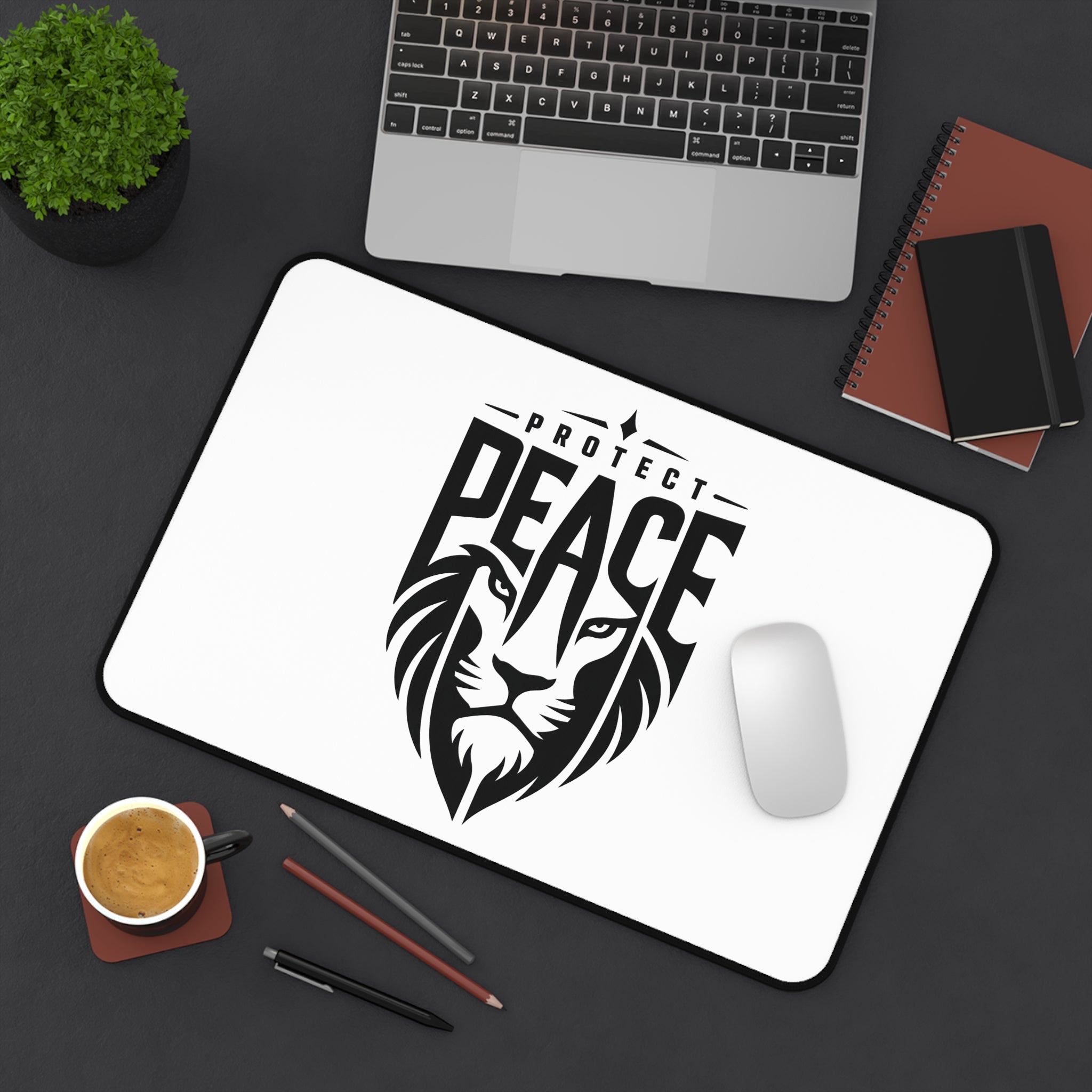 Protect Peace Lion Desk Mat — Motivational Minimalist Mouse Pad