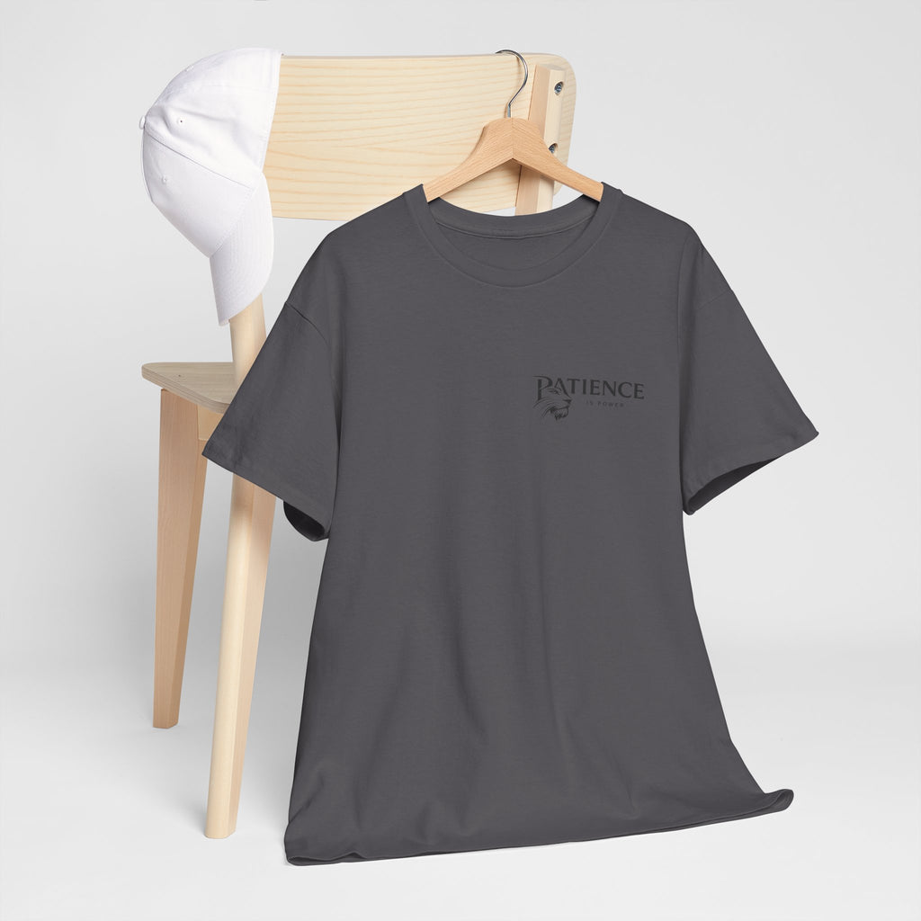 Patience Minimalist Tee — Small Script Floral Chest Print