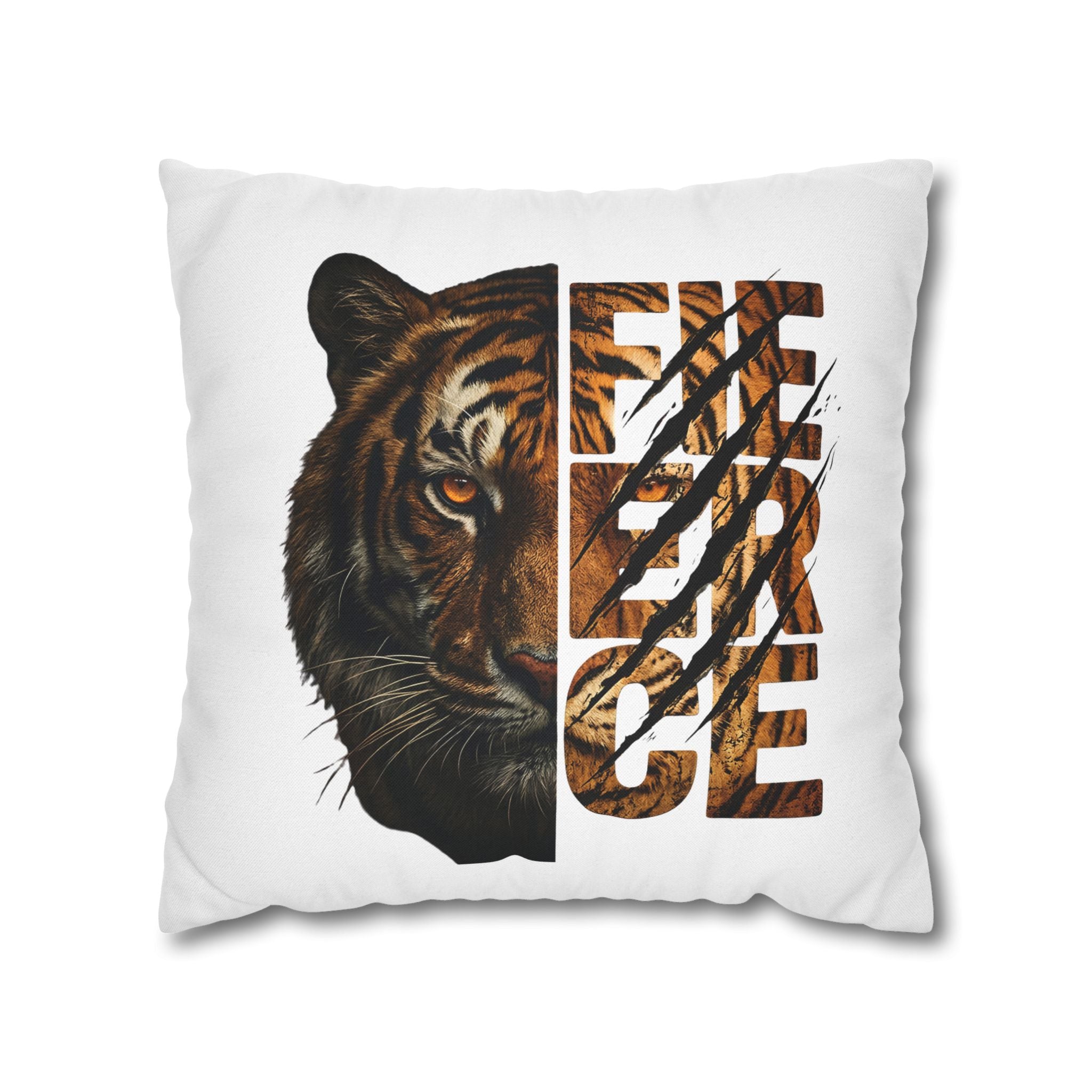 Tiger Face Decorative Pillowcase — 'Fierce' Split Design Spun Polyester Accent Pillow