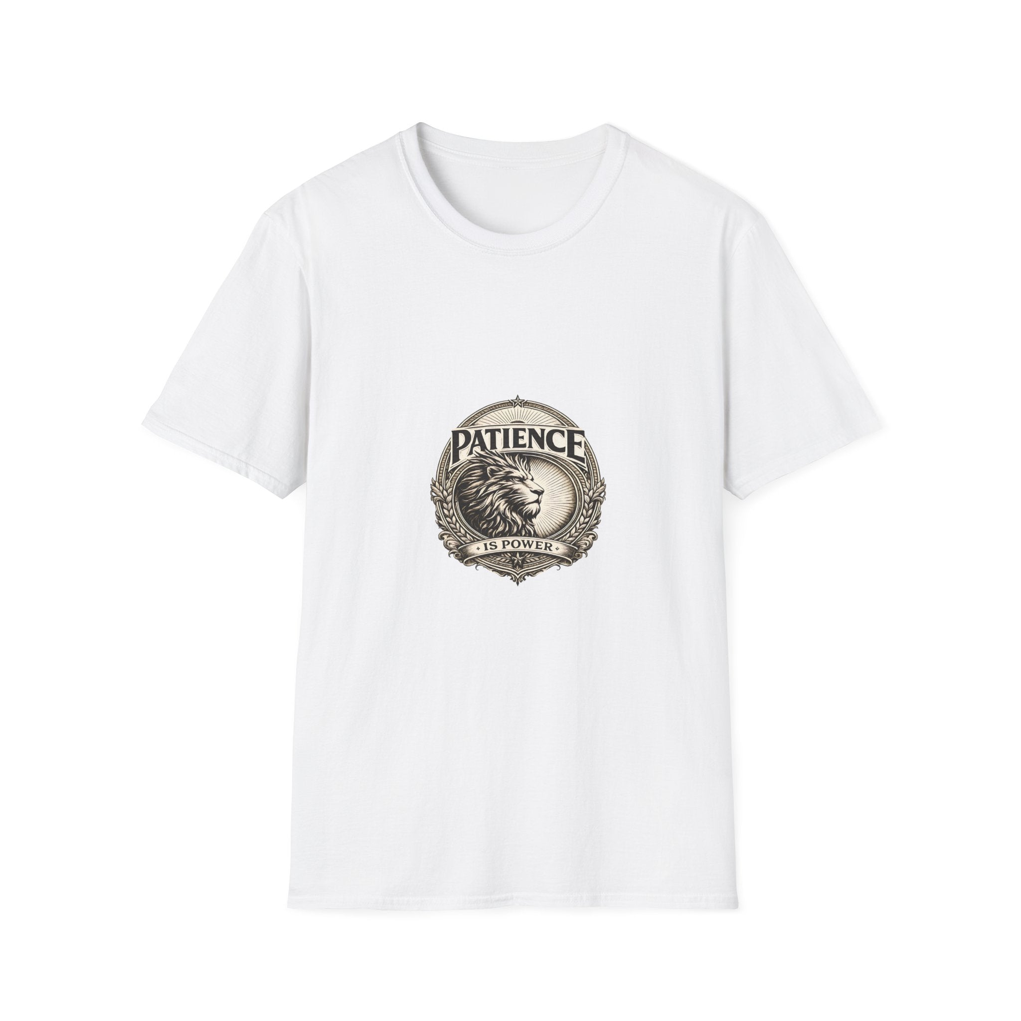 Patience Lion T-Shirt — Vintage Badge Tee with 'Patience' Quote