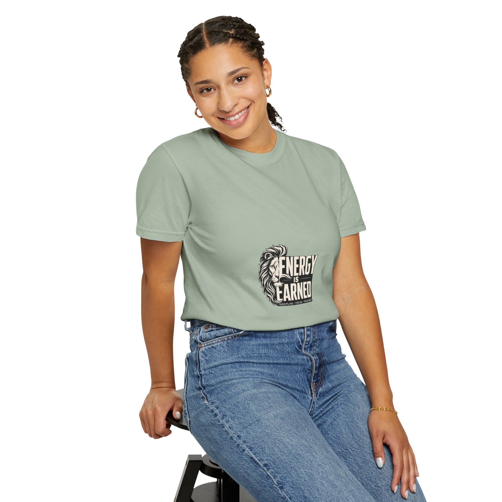 Energy Is Earned T-Shirt — Lion Graphic Motivational Tee