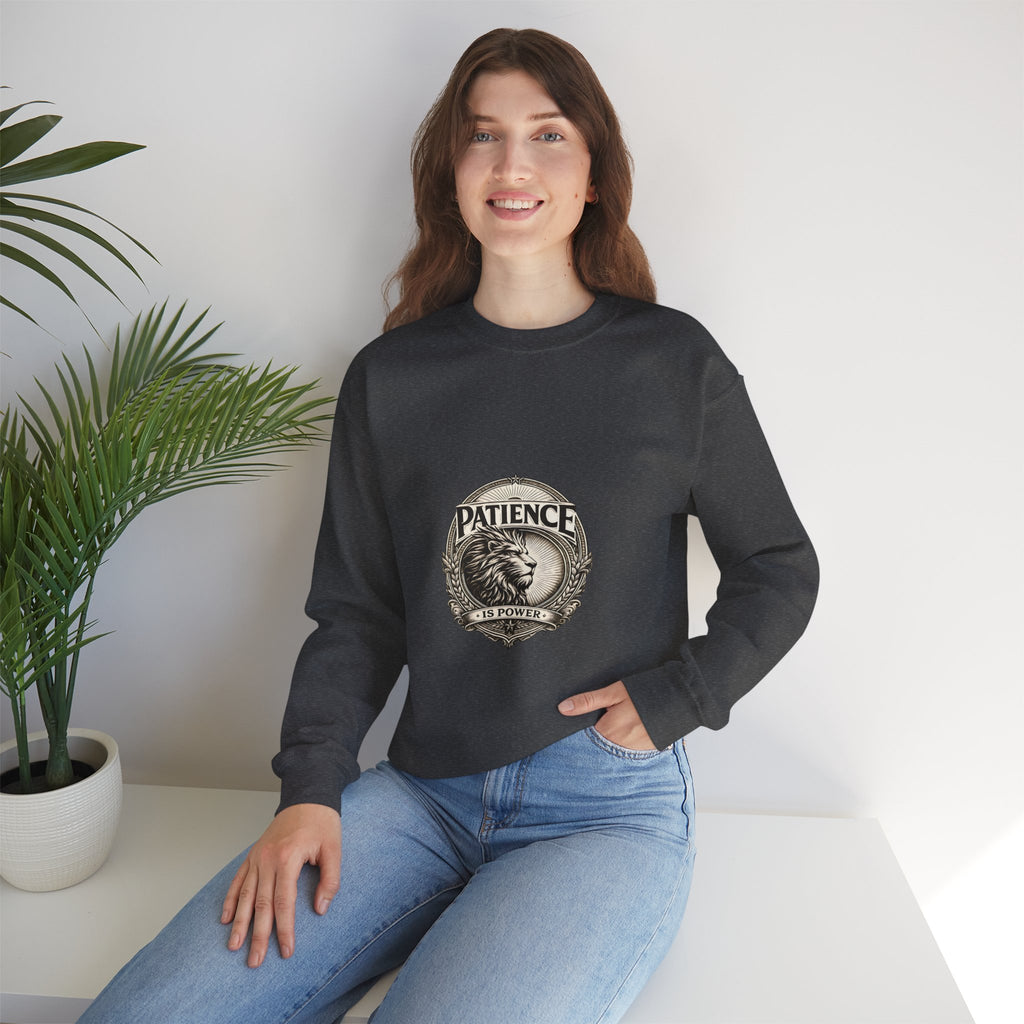 Patience Lion Crewneck Sweatshirt — Vintage Emblem Graphic