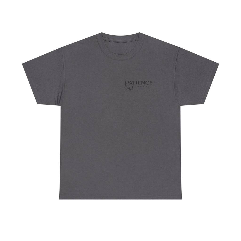 Patience Minimalist Tee — Small Script Floral Chest Print