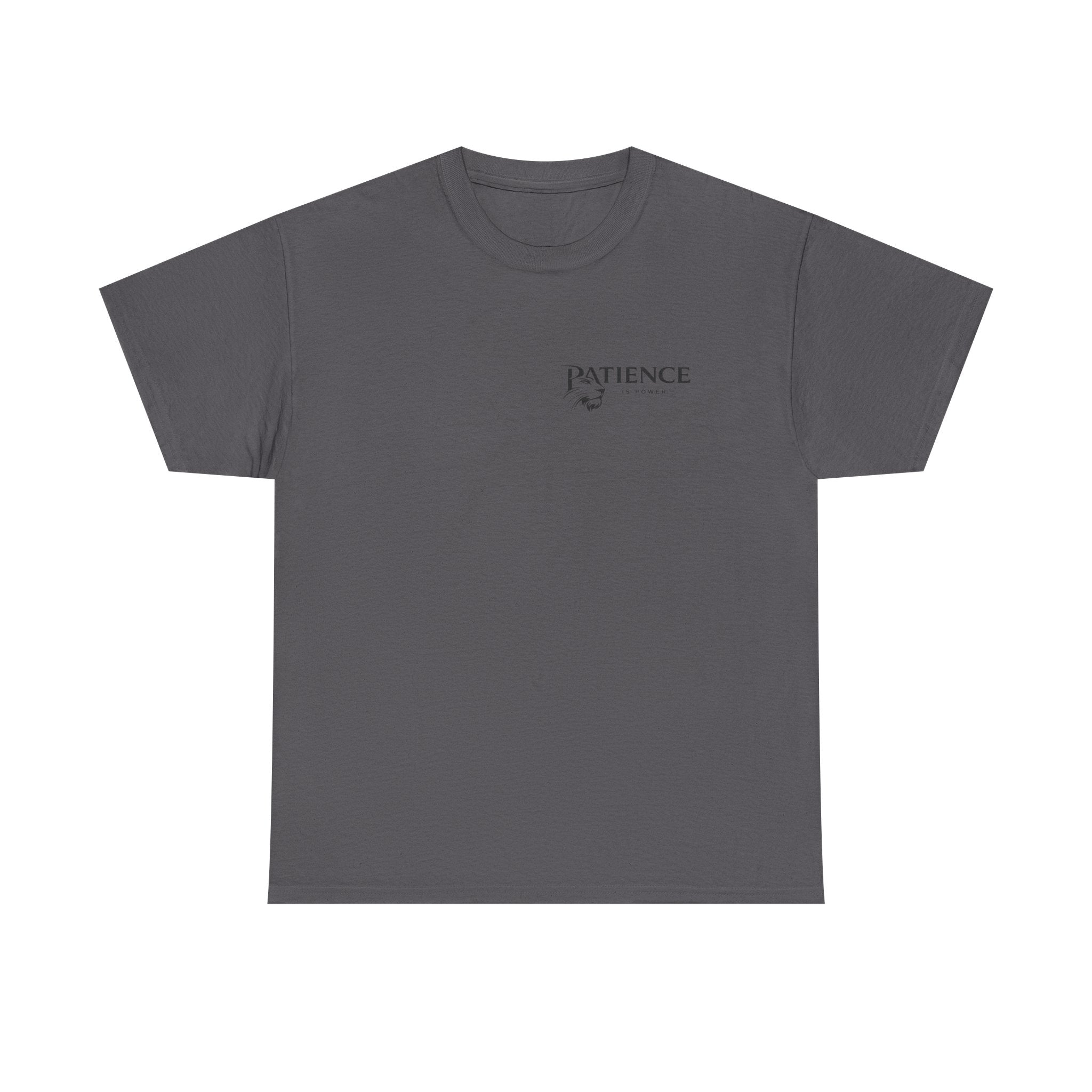 Patience Minimalist Tee — Small Script Floral Chest Print