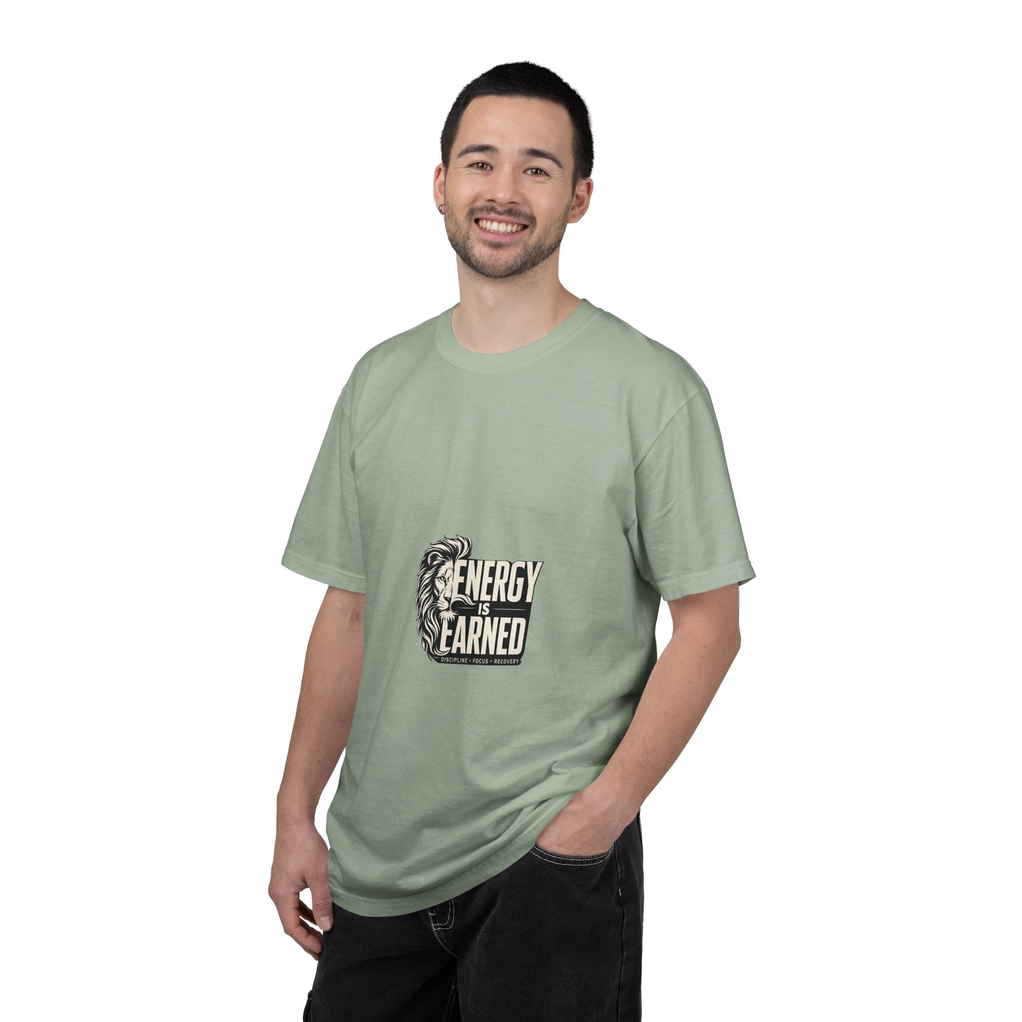 Energy Is Earned T-Shirt — Lion Graphic Motivational Tee