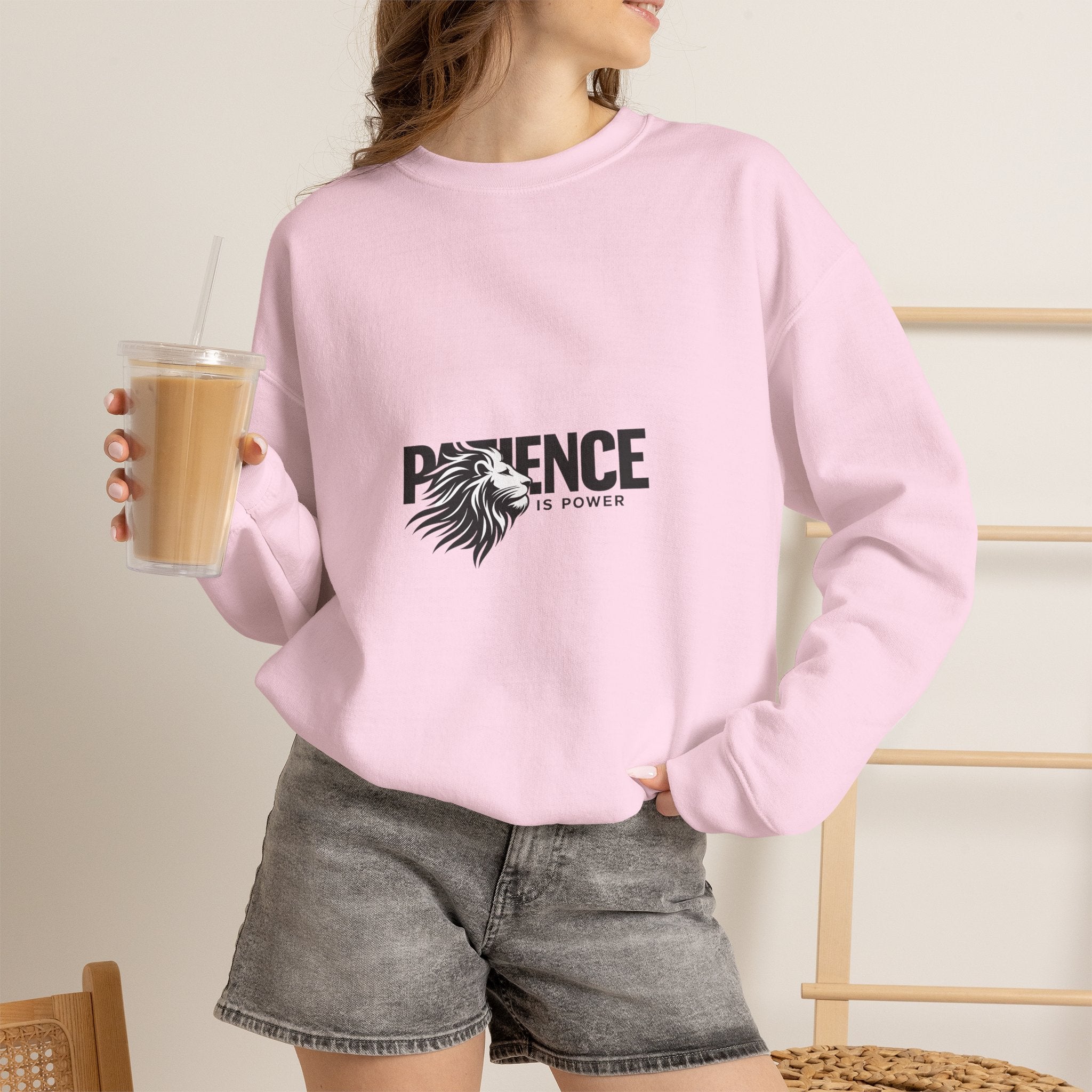 Patience Is Power Crewneck Sweatshirt — Lion Graphic Inspirational Pullover