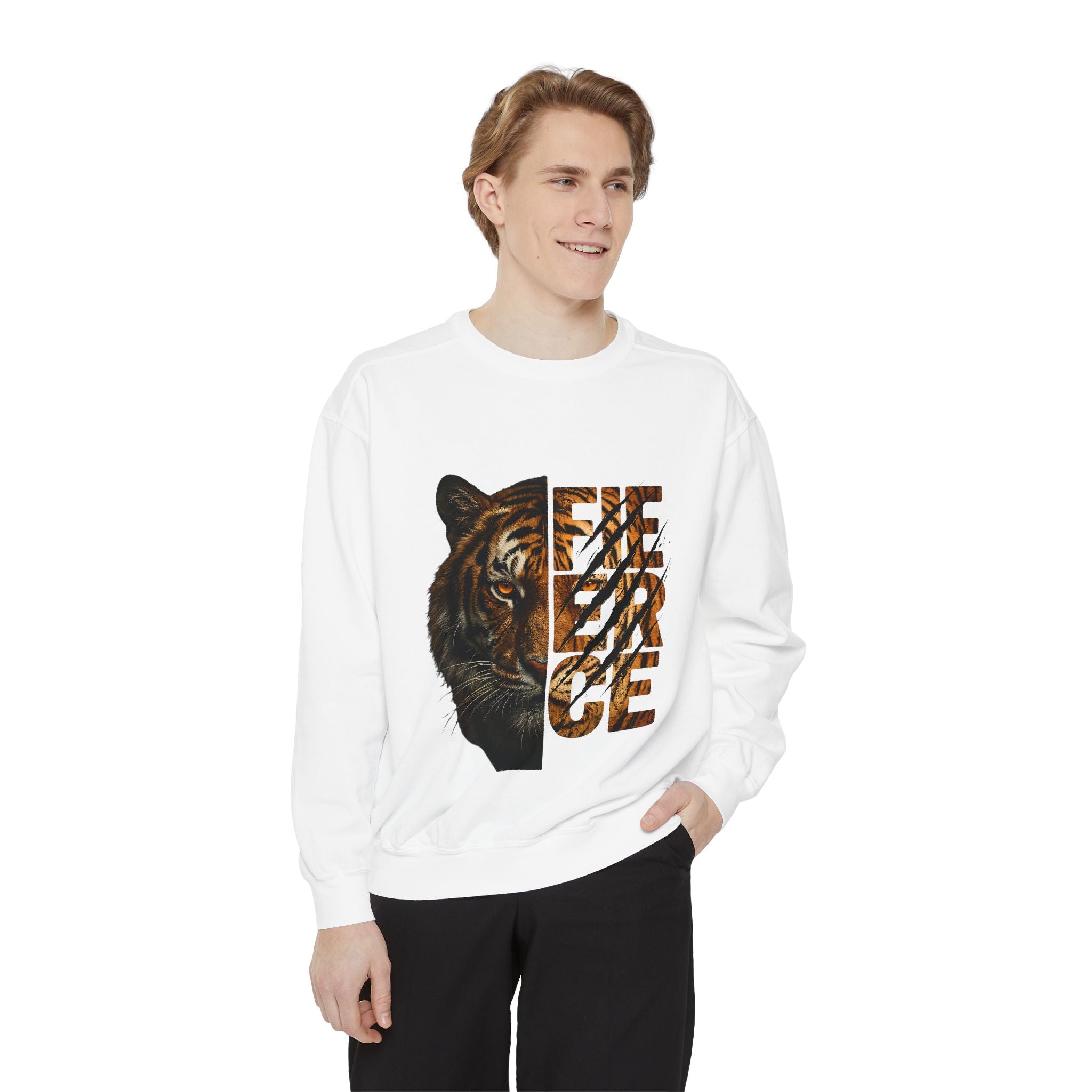 Tiger Fierce Graphic Sweatshirt — 'FIERCE' Split-Image Tiger Crewneck