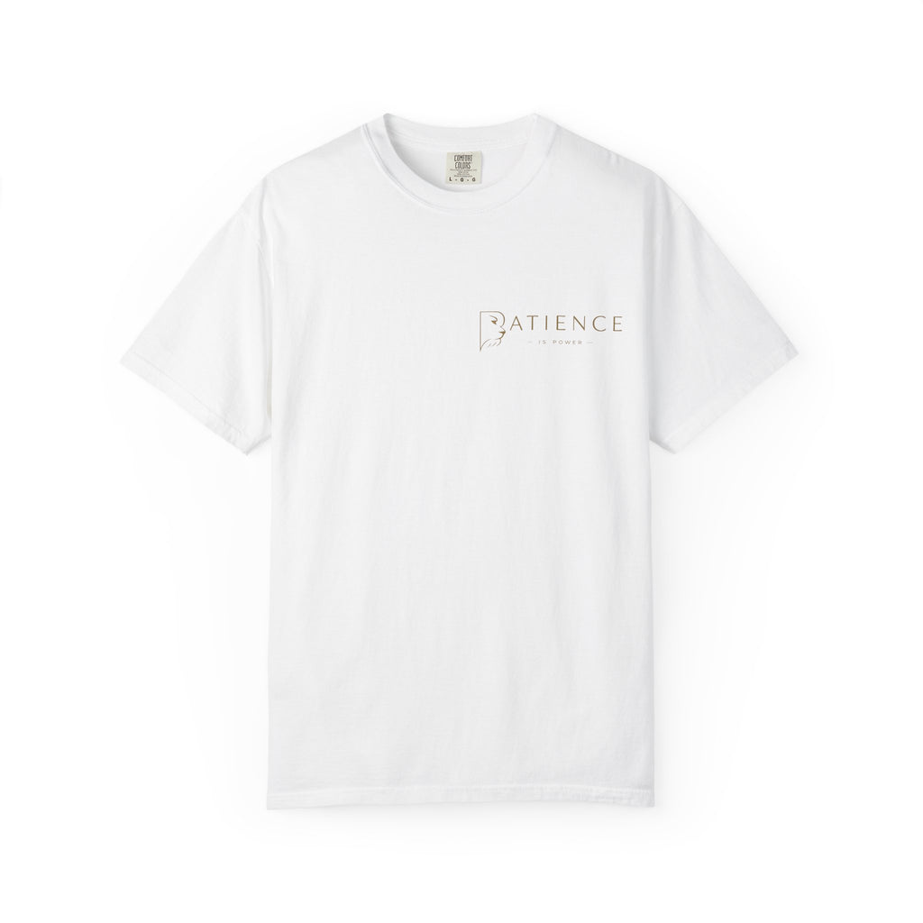 Patience Minimalist Tee — White Inspirational Graphic T-Shirt
