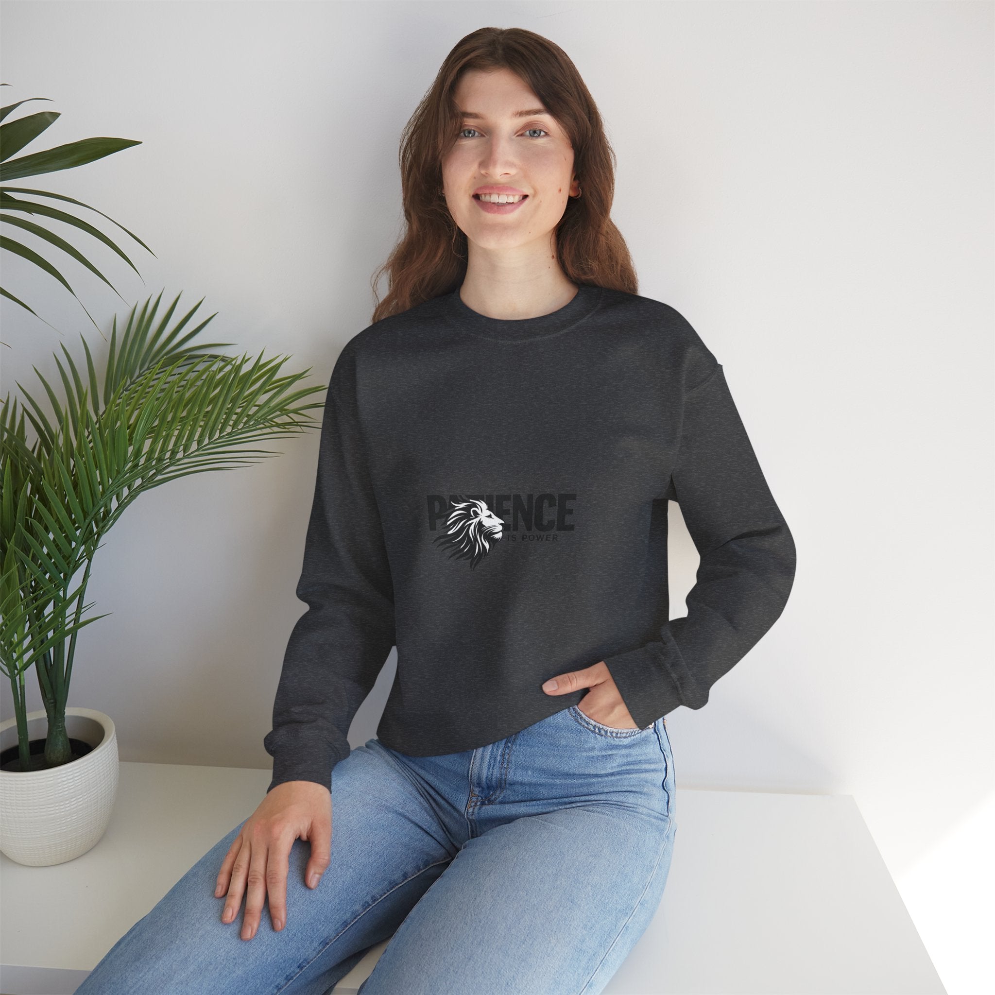 Patience Is Power Crewneck Sweatshirt — Lion Graphic Inspirational Pullover