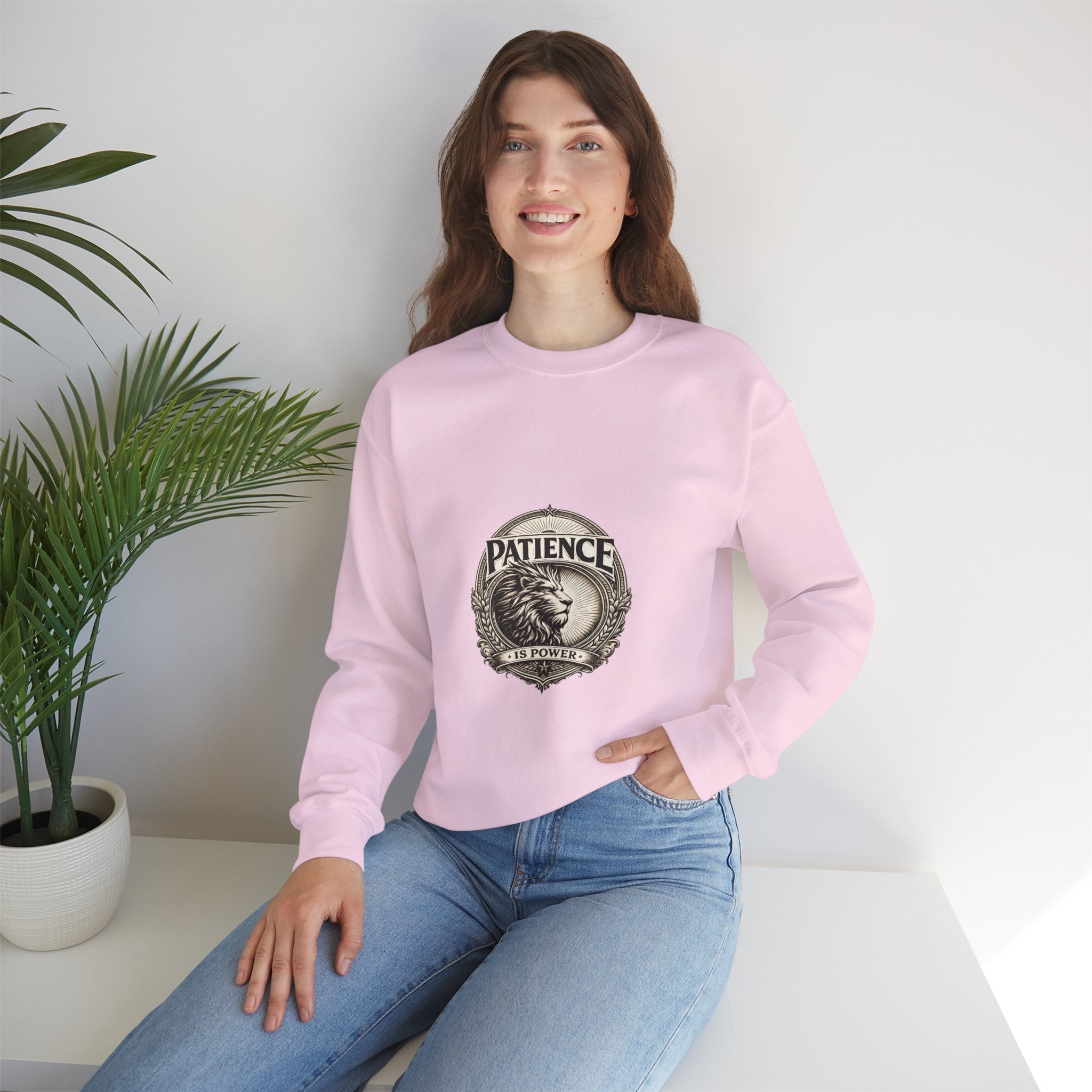 Patience Lion Crewneck Sweatshirt — Vintage Emblem Graphic