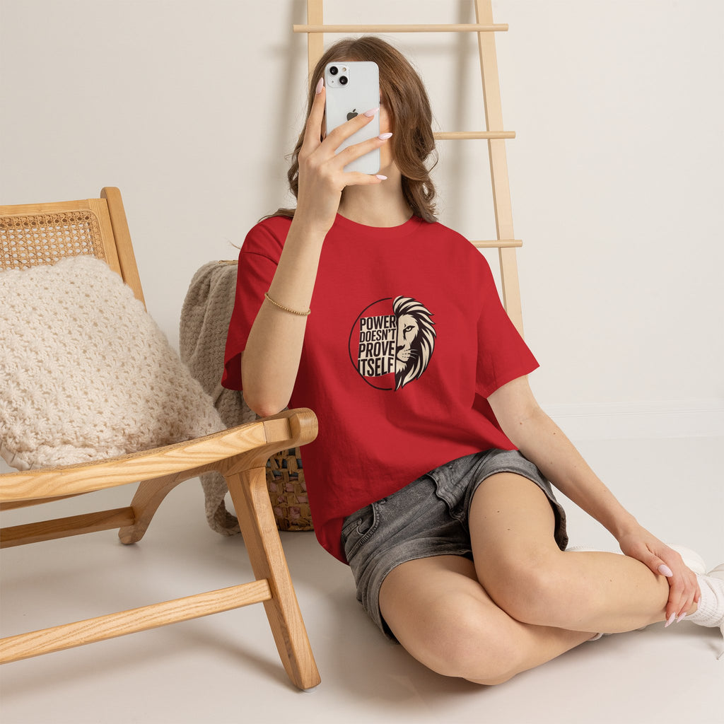 Lion Graphic Tee — "Power Doesn't Prove Itself" Motivational T-Shirt