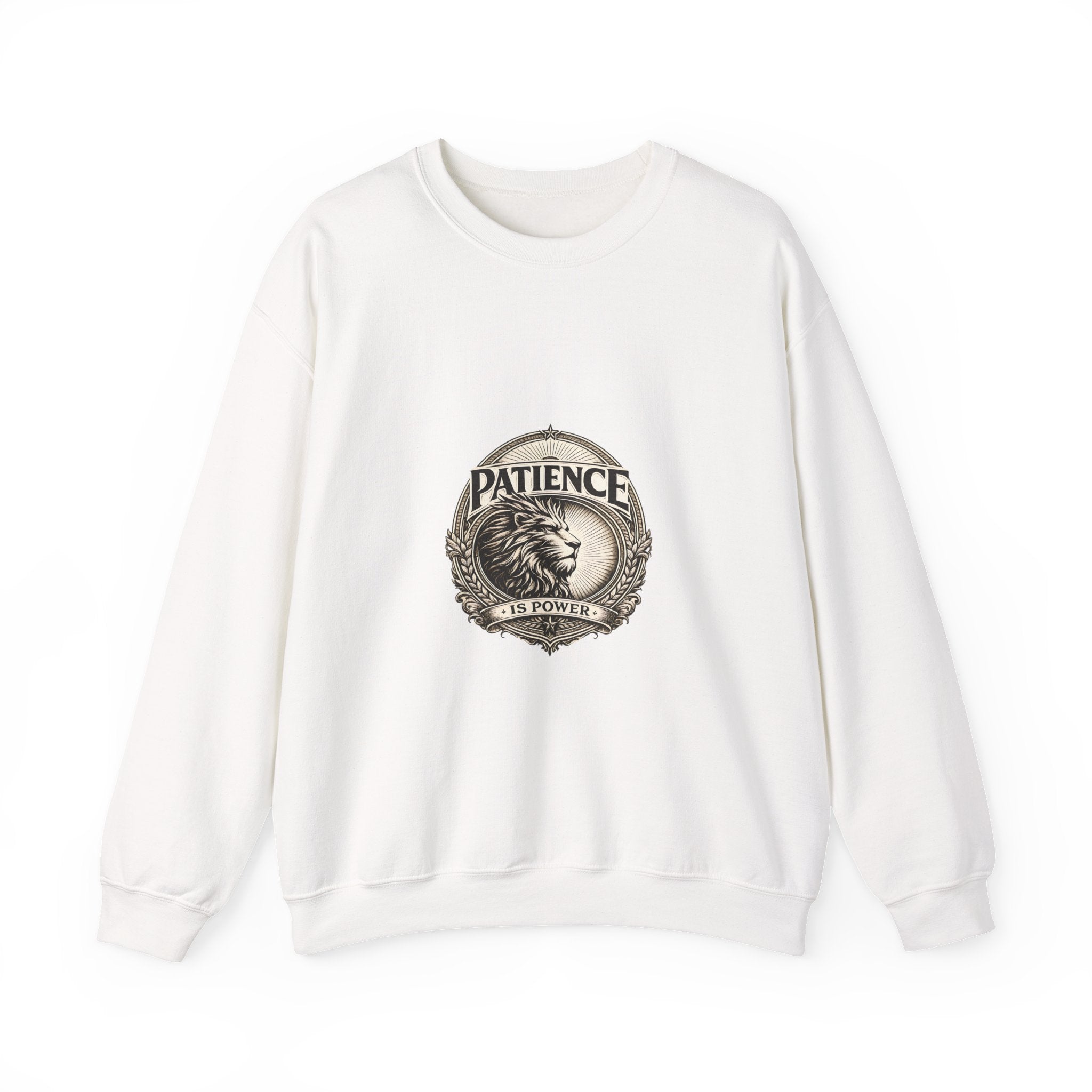 Patience Lion Crewneck Sweatshirt — Vintage Emblem Graphic