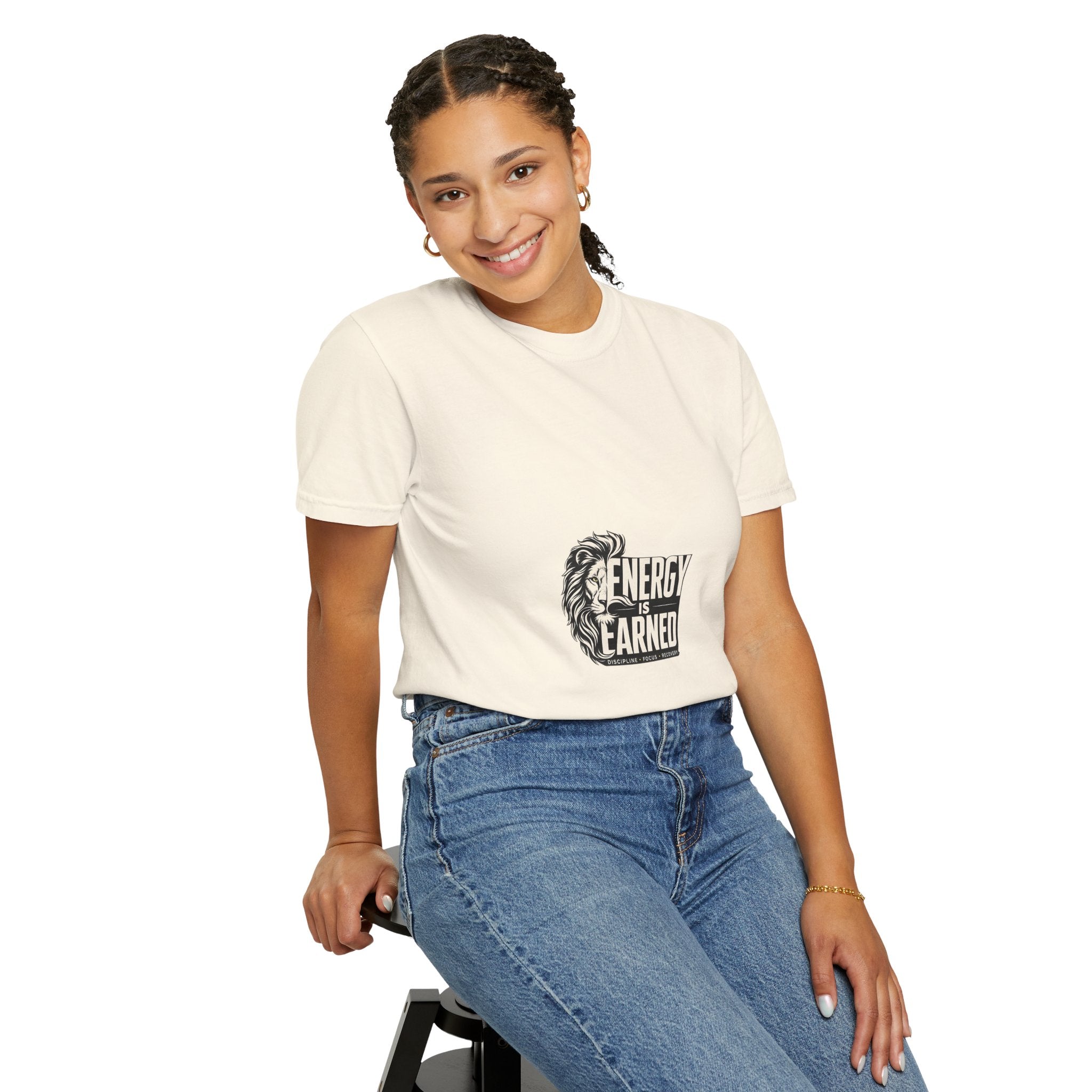 Energy Is Earned T-Shirt — Lion Graphic Motivational Tee