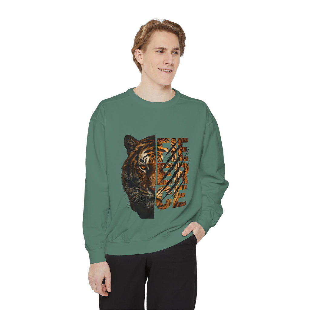 Tiger Fierce Graphic Sweatshirt — 'FIERCE' Split-Image Tiger Crewneck