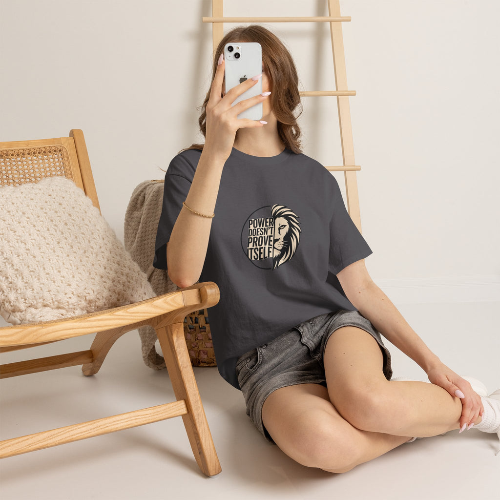 Lion Graphic Tee — "Power Doesn't Prove Itself" Motivational T-Shirt