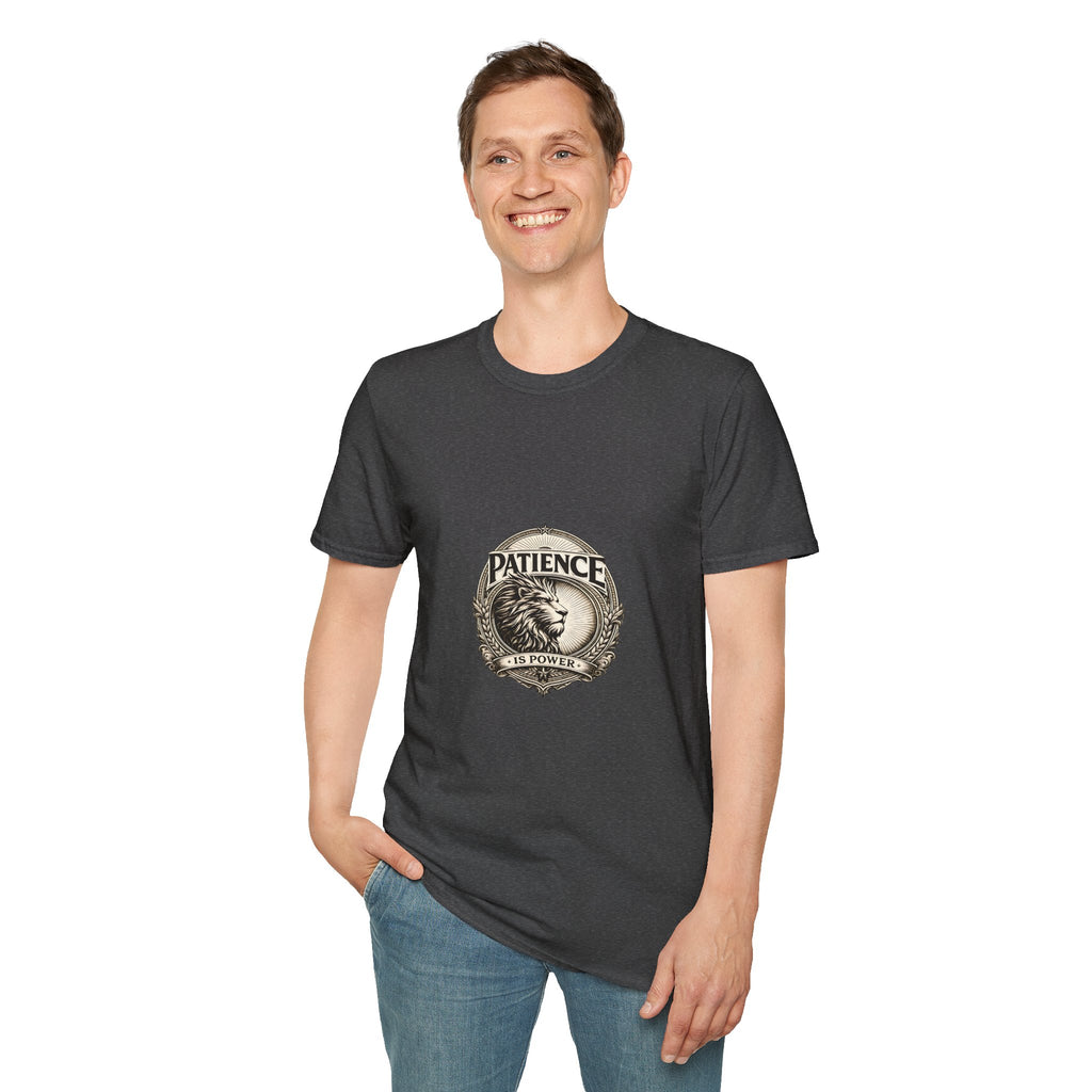 Patience Lion T-Shirt — Vintage Badge Tee with 'Patience' Quote