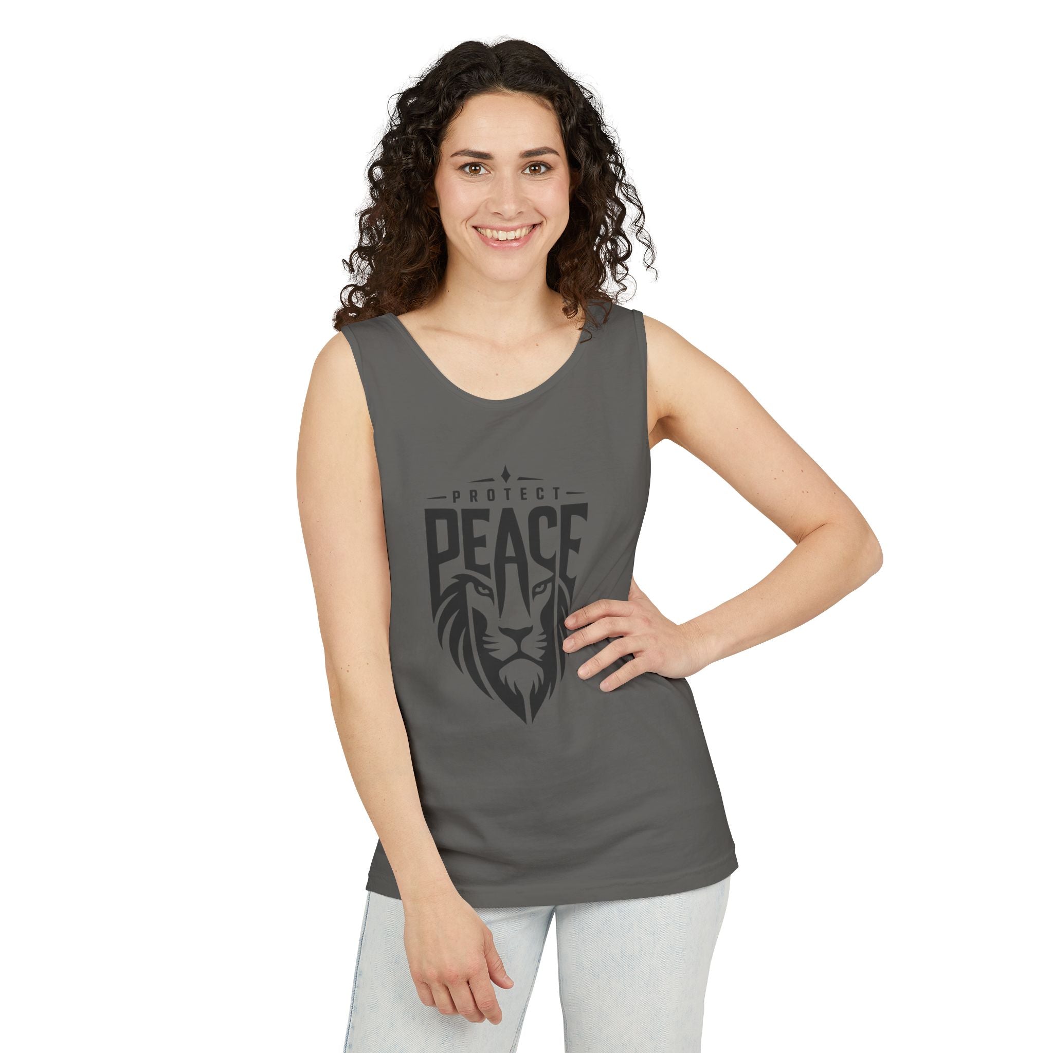Protect Peace Lion Tank Top — Graphic Lion Shield Spiritual Tee
