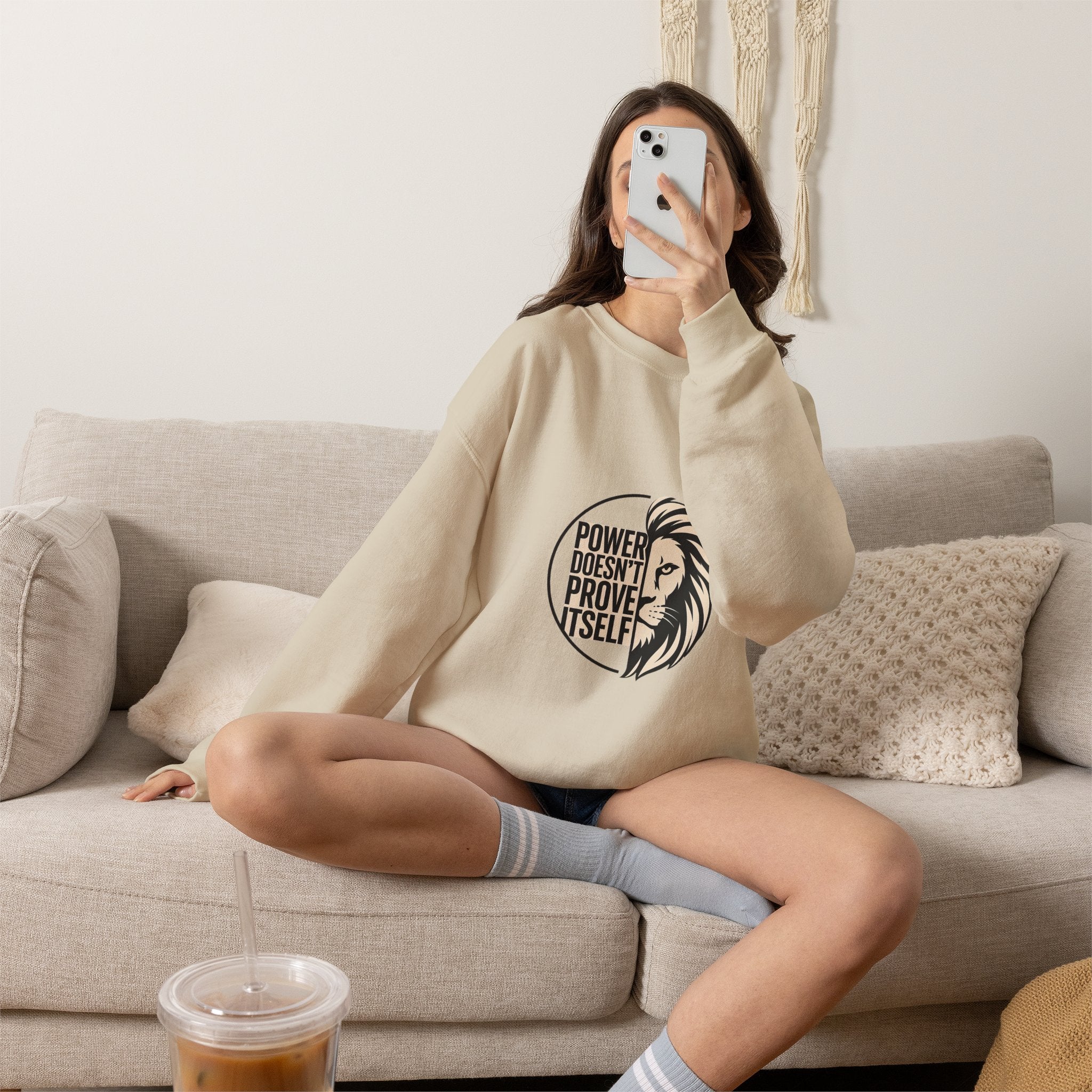 Crewneck Sweatshirt — "Power Doesn't Prove Itself" Lion Graphic Motivational Pullover