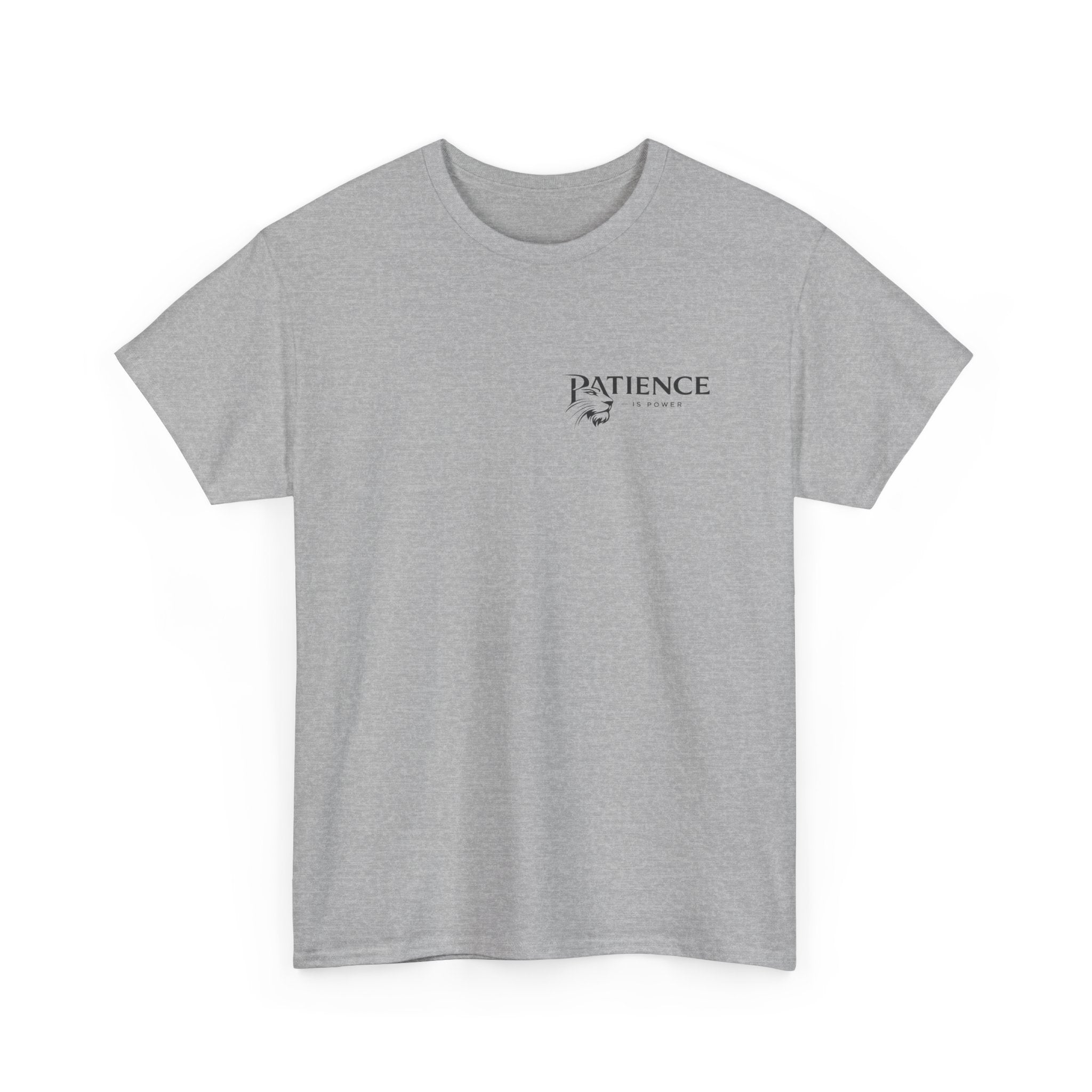 Patience Minimalist Tee — Small Script Floral Chest Print