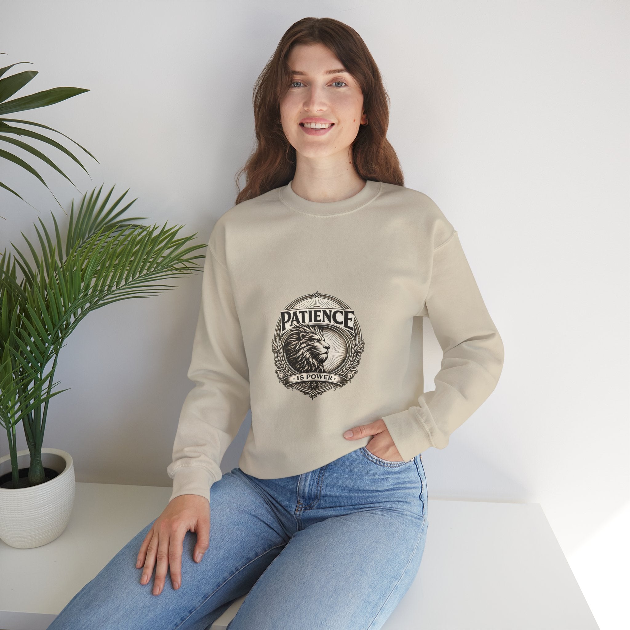 Patience Lion Crewneck Sweatshirt — Vintage Emblem Graphic