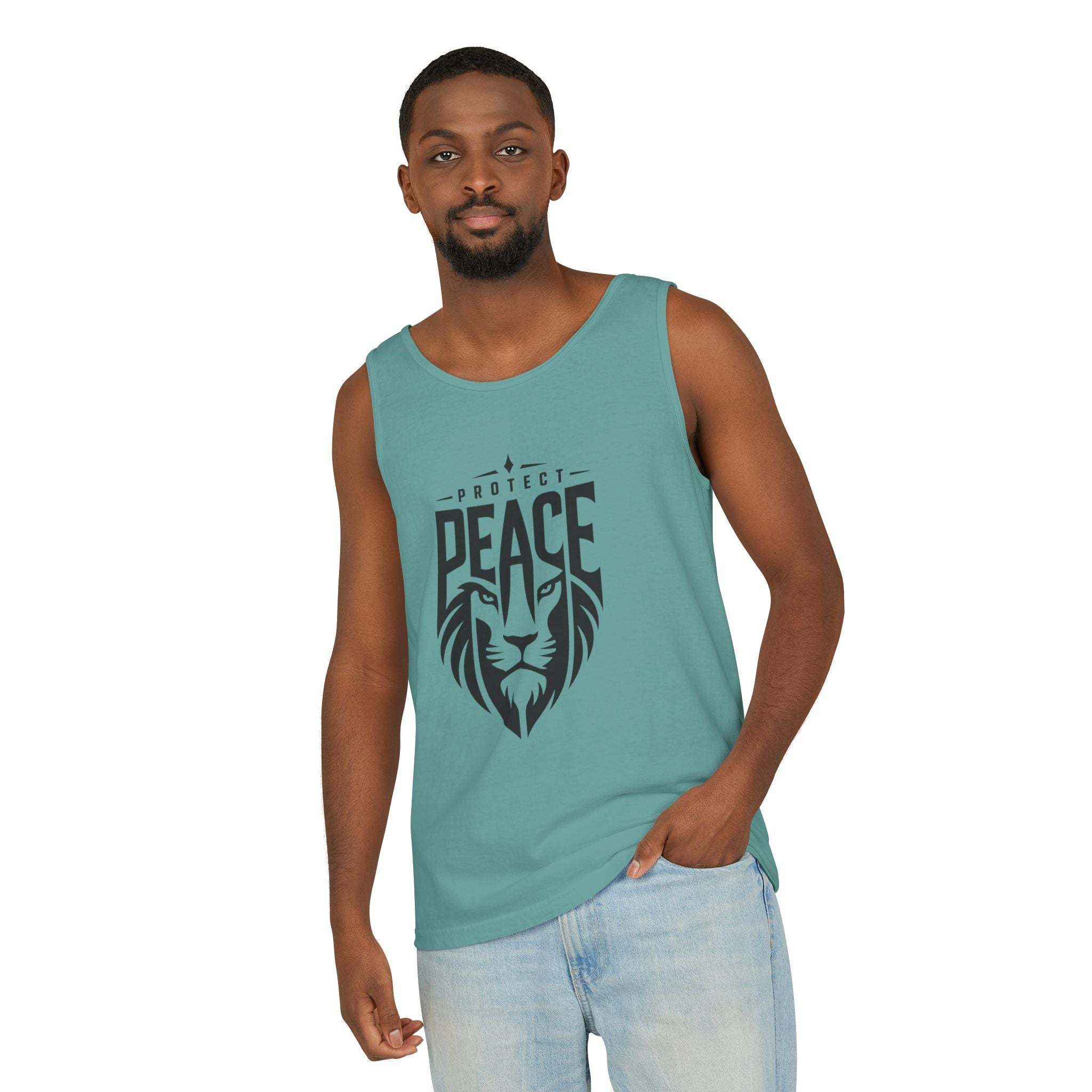 Protect Peace Lion Tank Top — Graphic Lion Shield Spiritual Tee