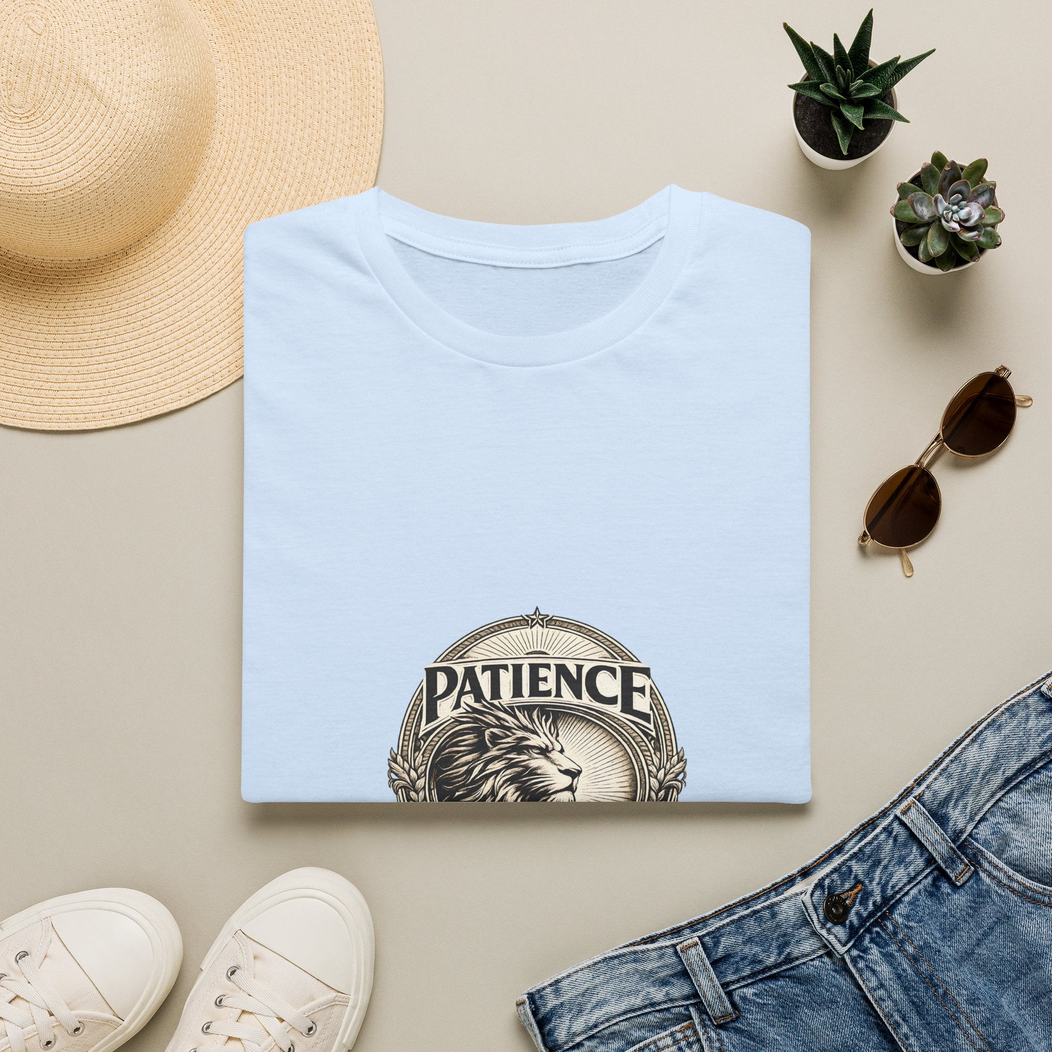 Patience Lion T-Shirt — Vintage Badge Tee with 'Patience' Quote