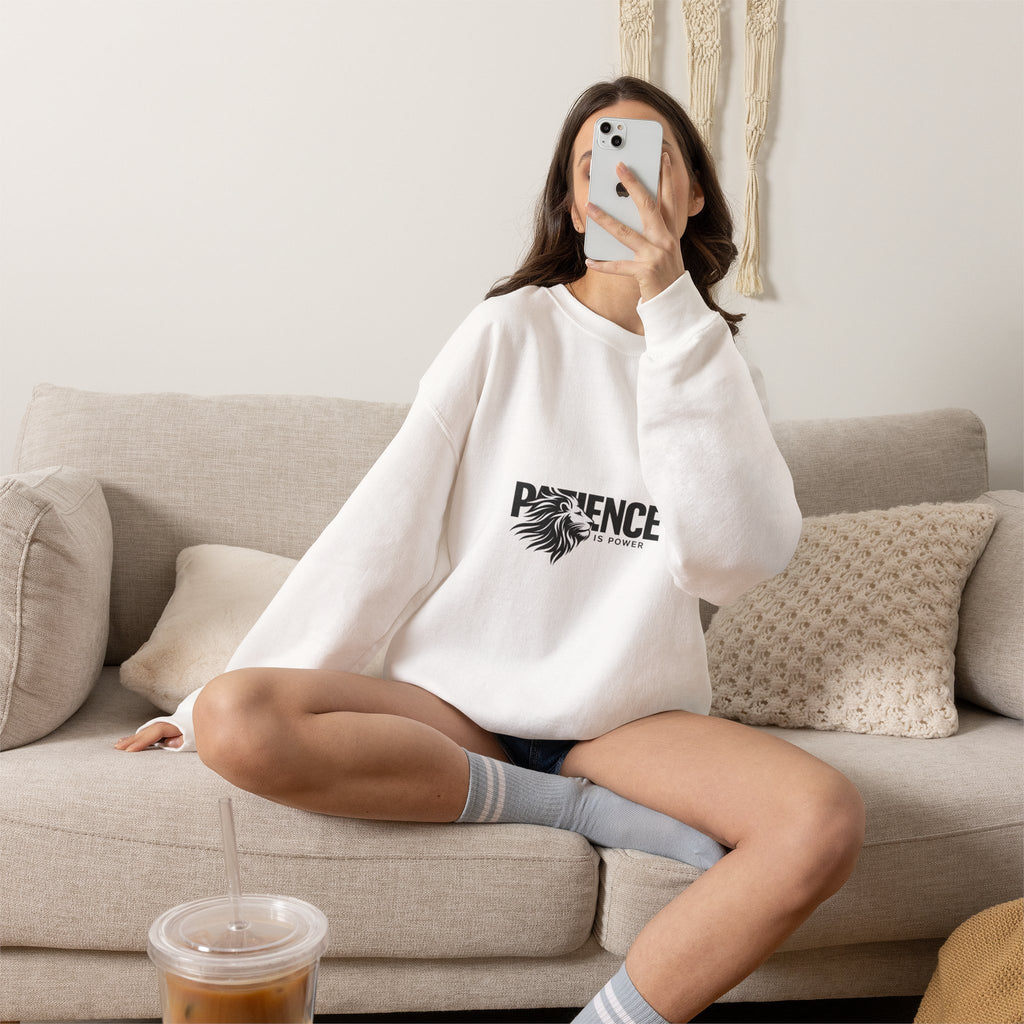 Patience Is Power Crewneck Sweatshirt — Lion Graphic Inspirational Pullover