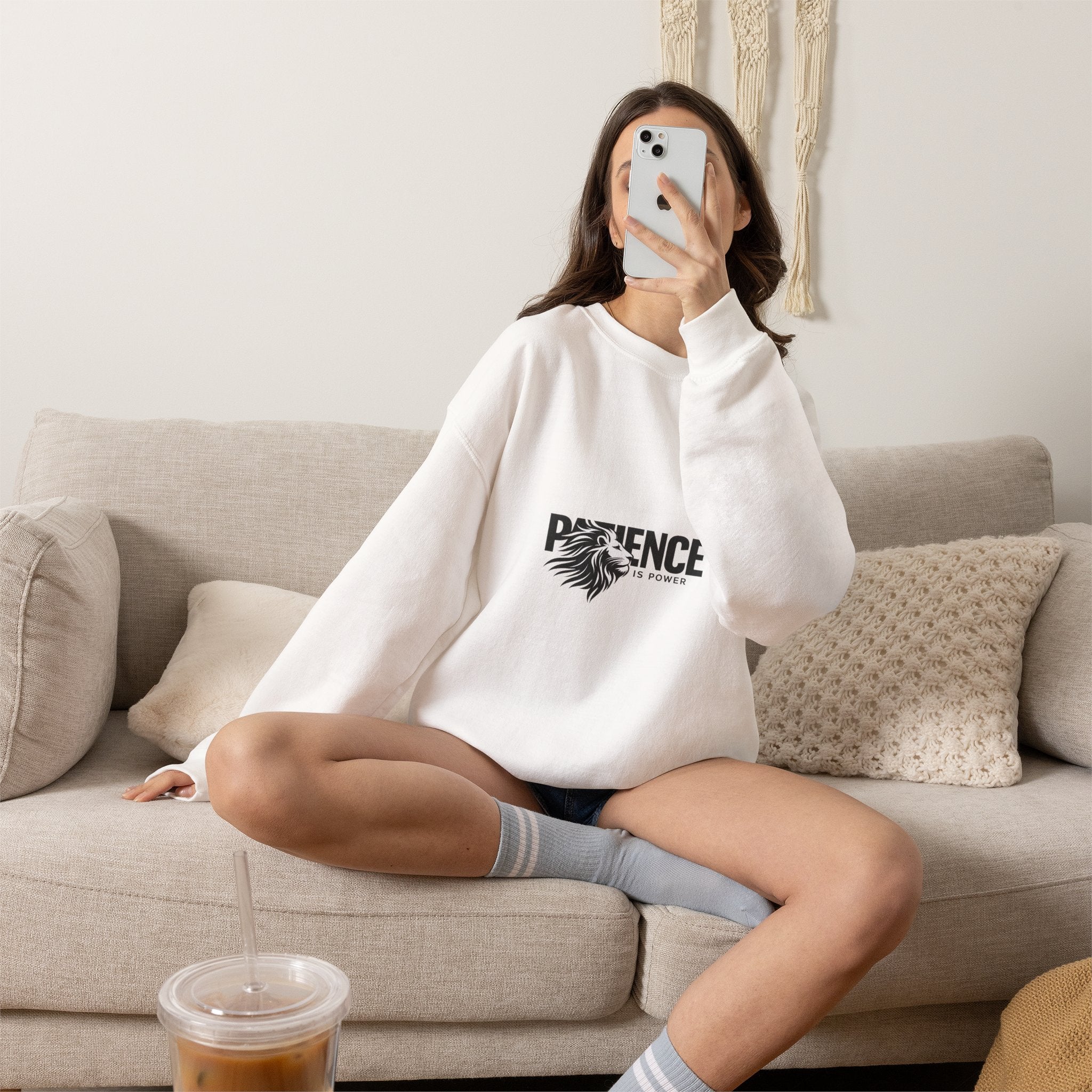 Patience Is Power Crewneck Sweatshirt — Lion Graphic Inspirational Pullover