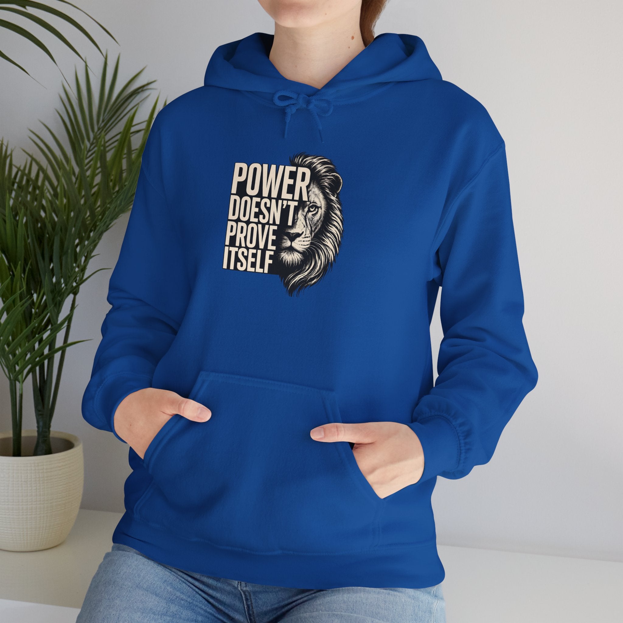 Lion 'Power Doesn't Prove Itself' Hoodie — Inspirational Graphic Sweatshirt
