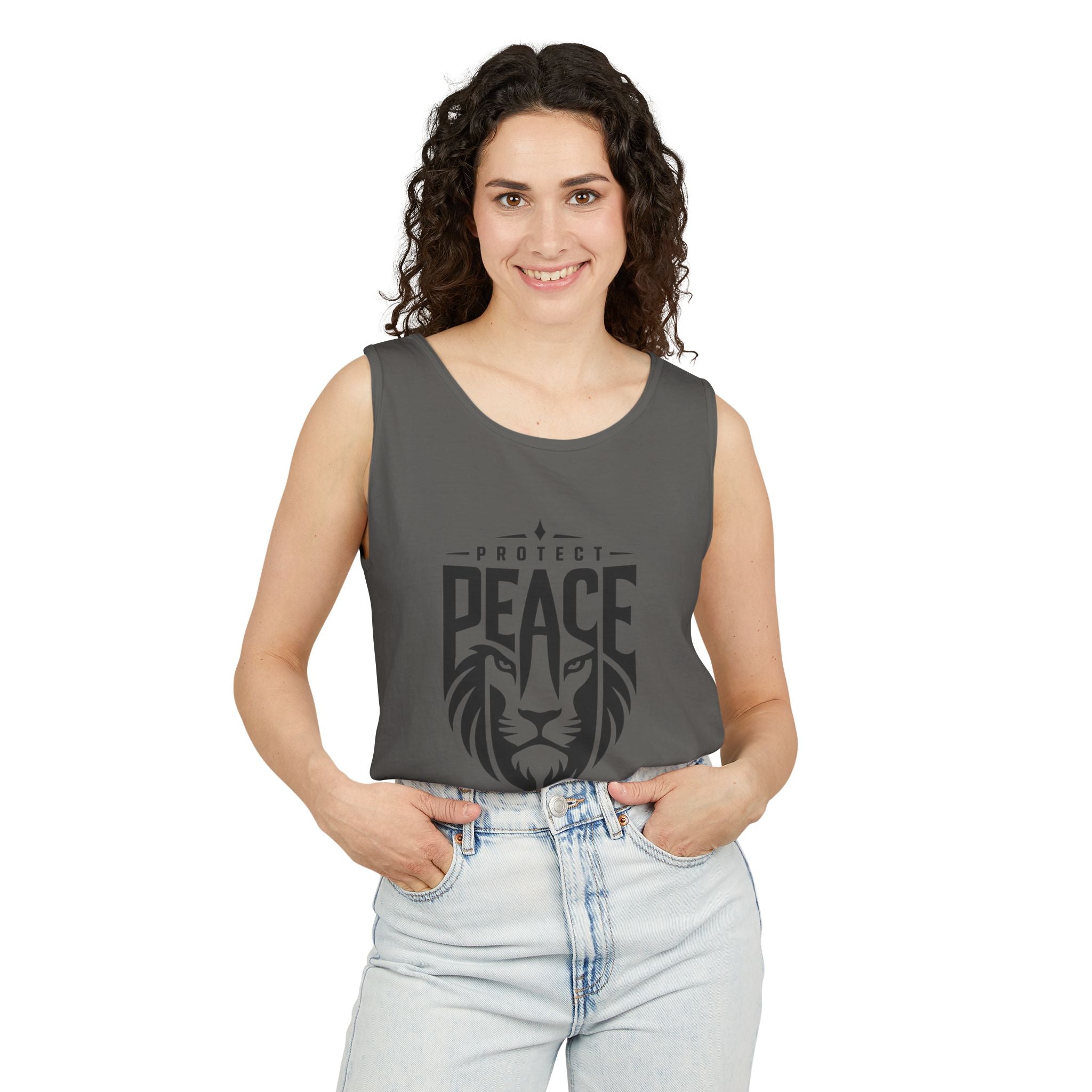 Protect Peace Lion Tank Top — Graphic Lion Shield Spiritual Tee