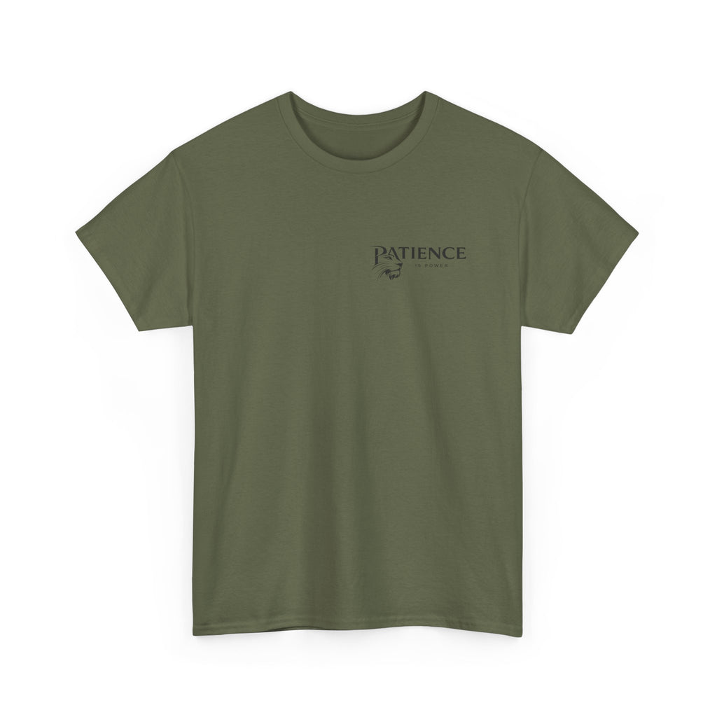 Patience Minimalist Tee — Small Script Floral Chest Print