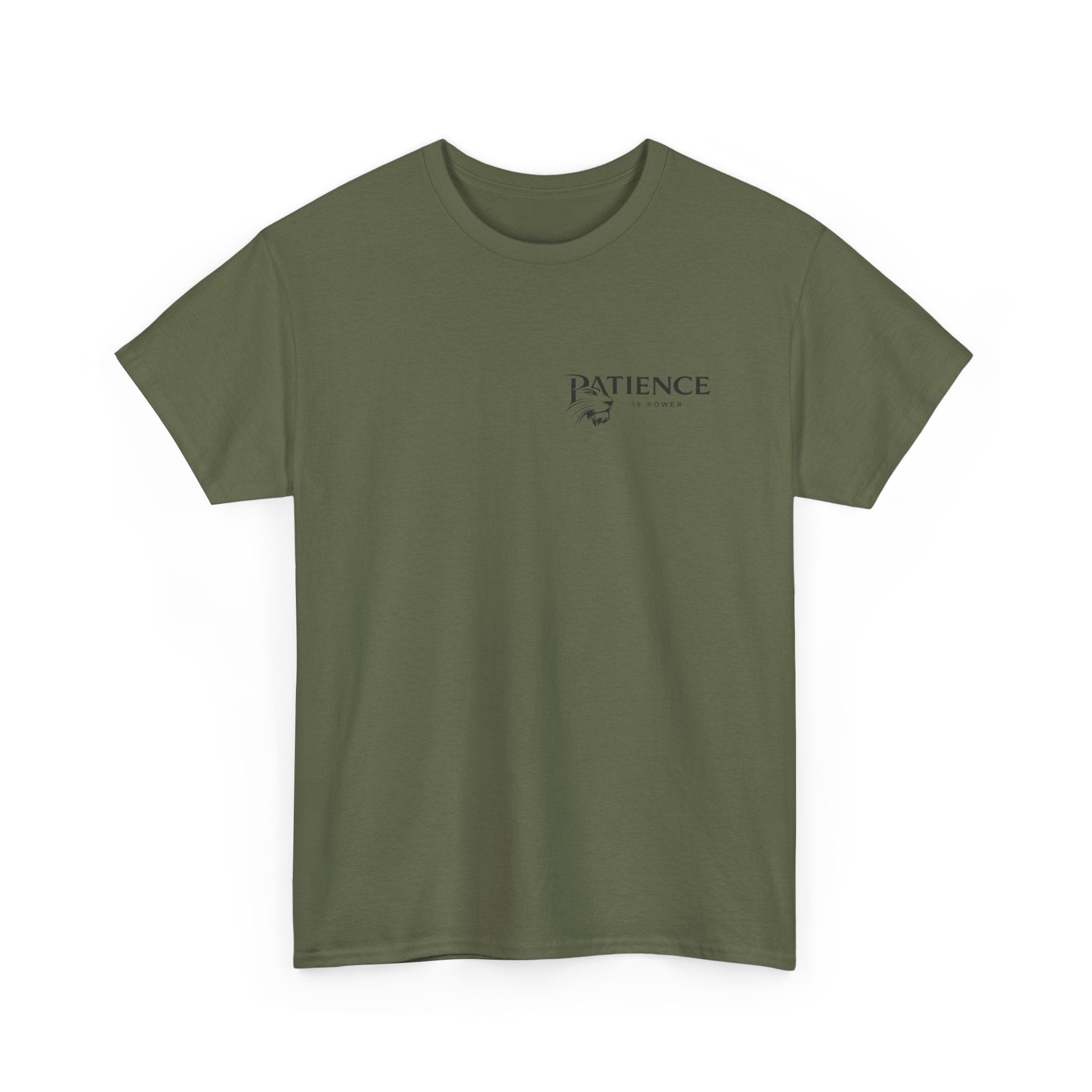 Patience Minimalist Tee — Small Script Floral Chest Print