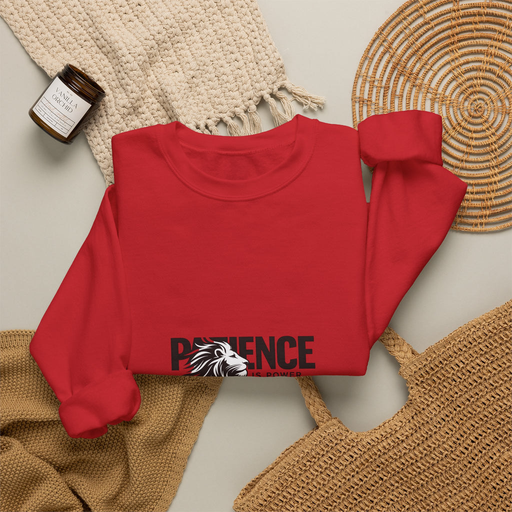 Patience Is Power Crewneck Sweatshirt — Lion Graphic Inspirational Pullover