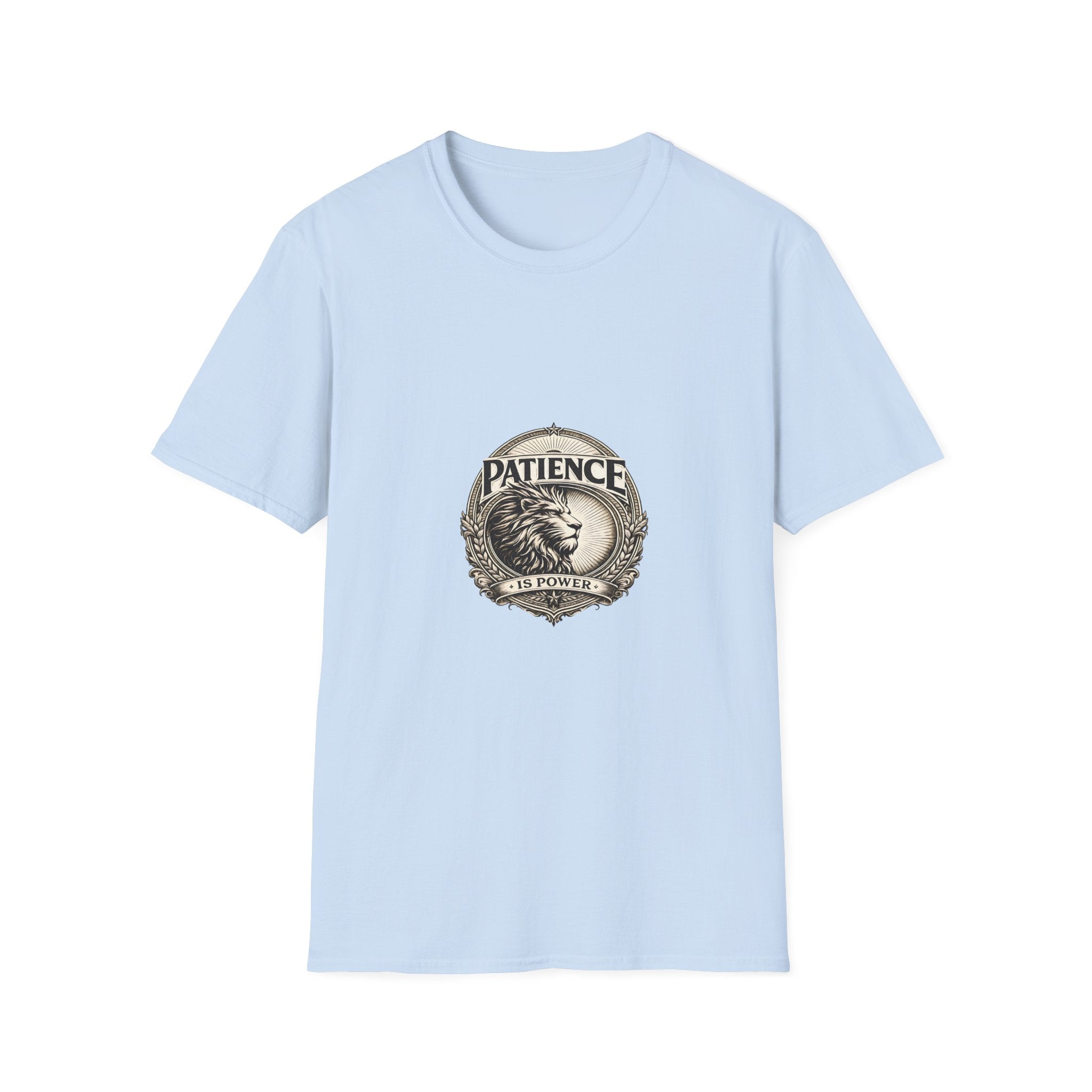 Patience Lion T-Shirt — Vintage Badge Tee with 'Patience' Quote