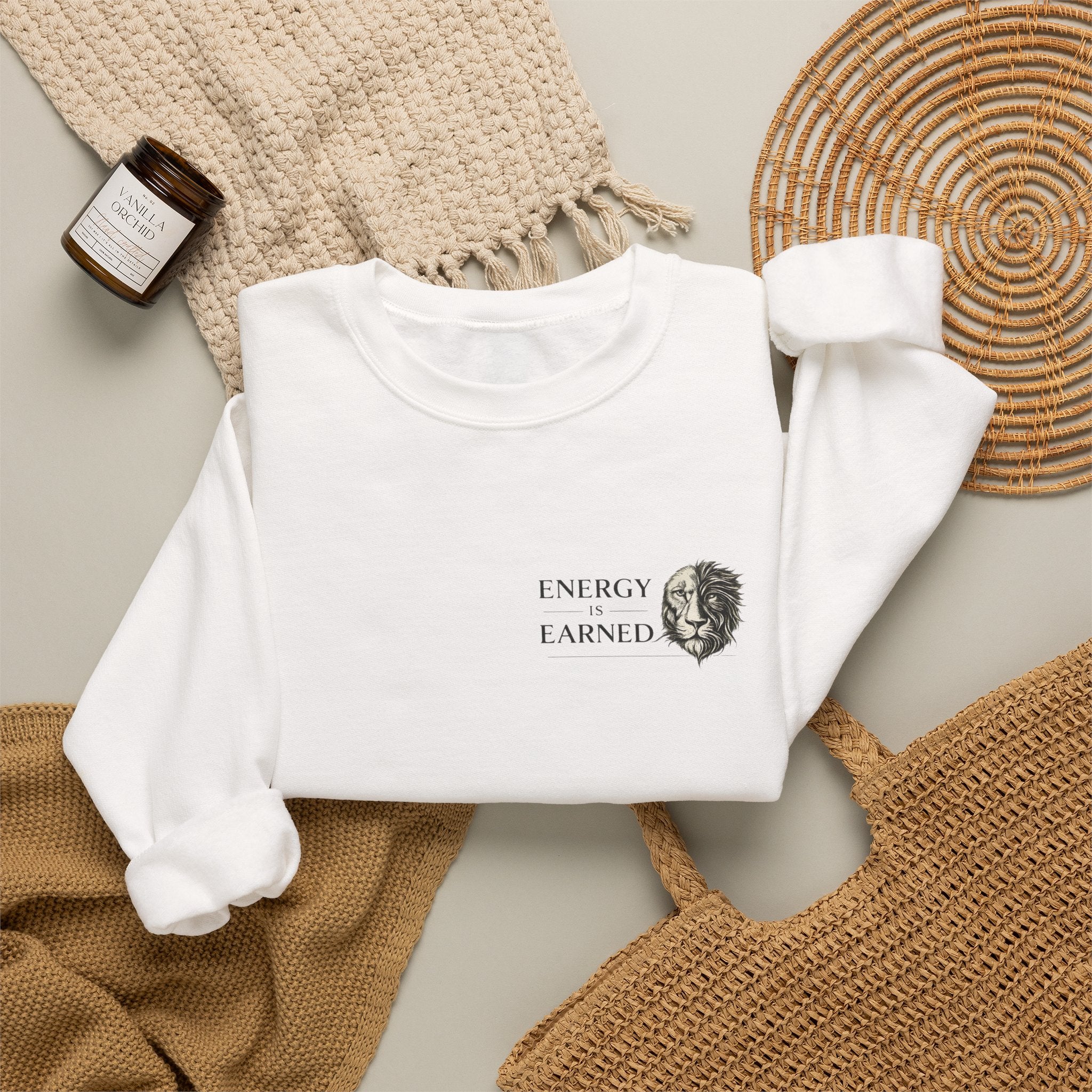 Energy Earned Crewneck Sweatshirt — Minimalist Motivational Graphic