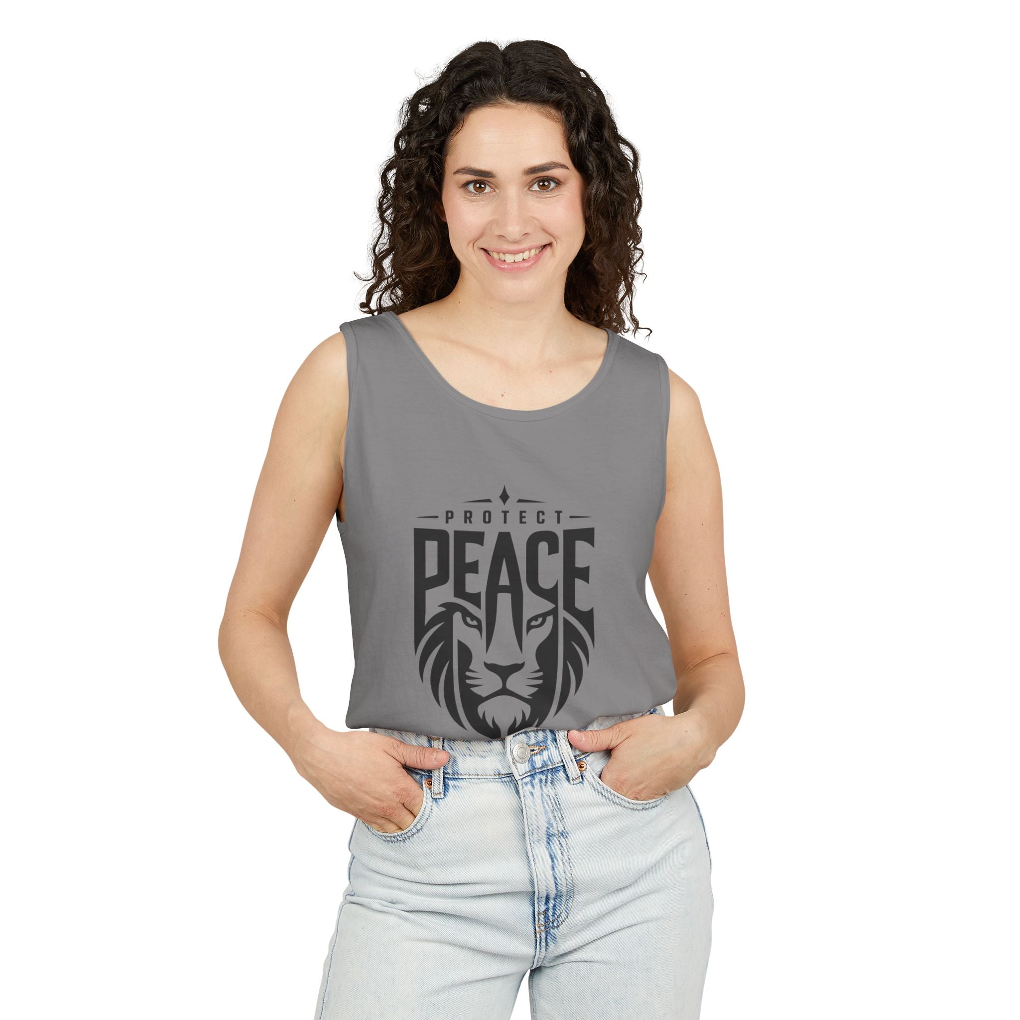 Protect Peace Lion Tank Top — Graphic Lion Shield Spiritual Tee