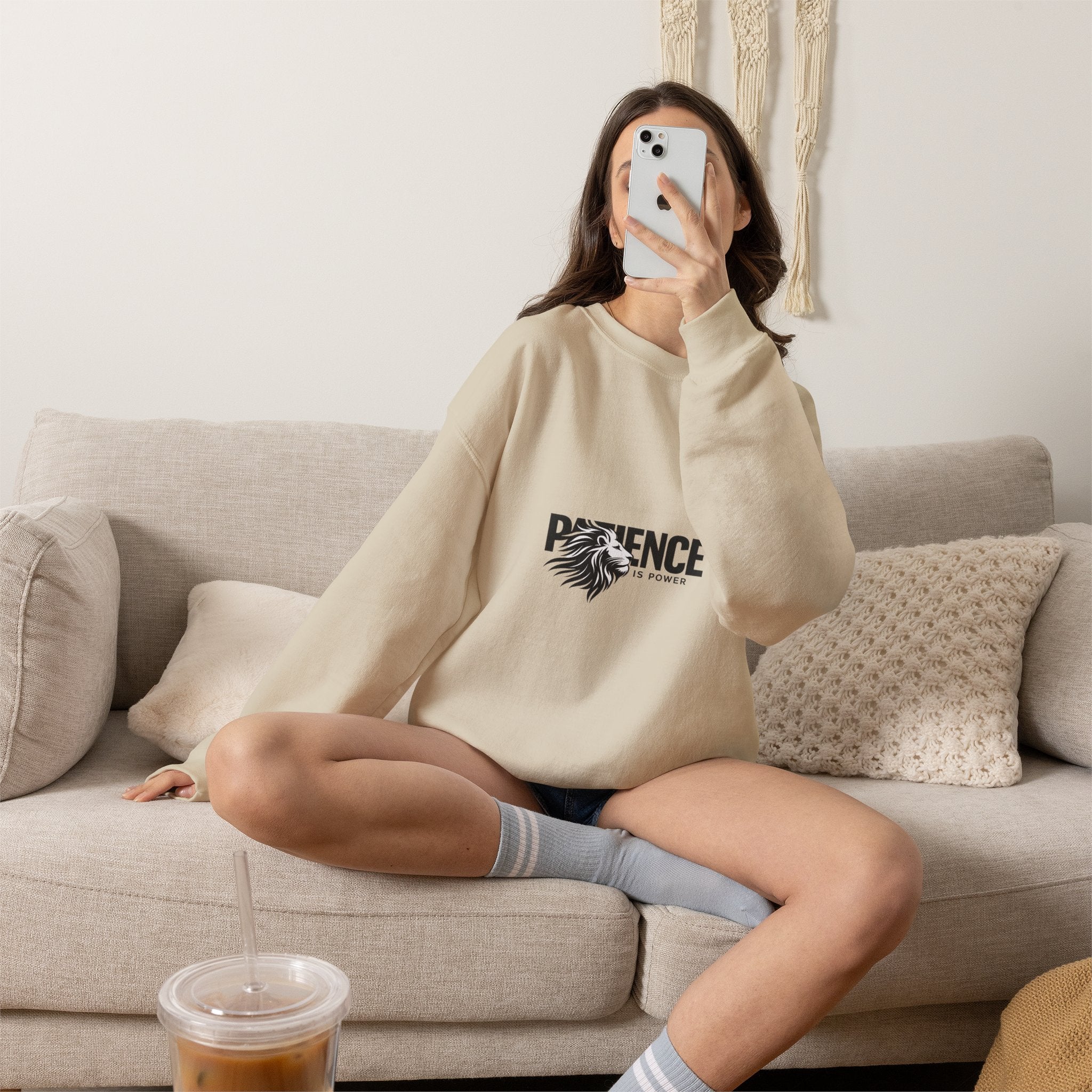 Patience Is Power Crewneck Sweatshirt — Lion Graphic Inspirational Pullover