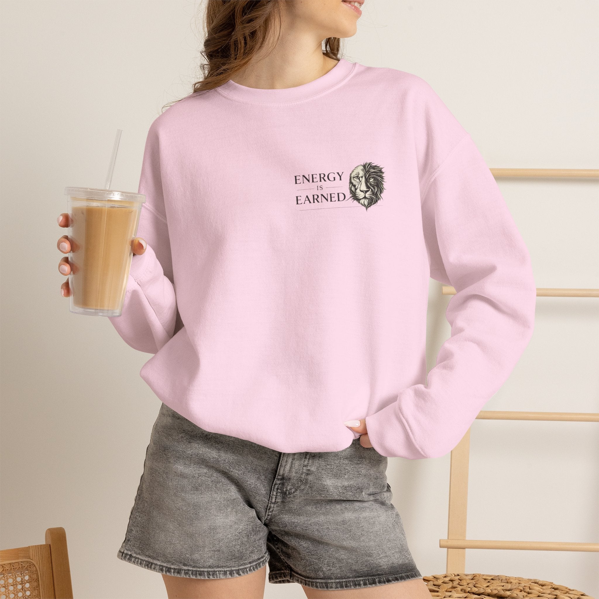 Energy Earned Crewneck Sweatshirt — Minimalist Motivational Graphic