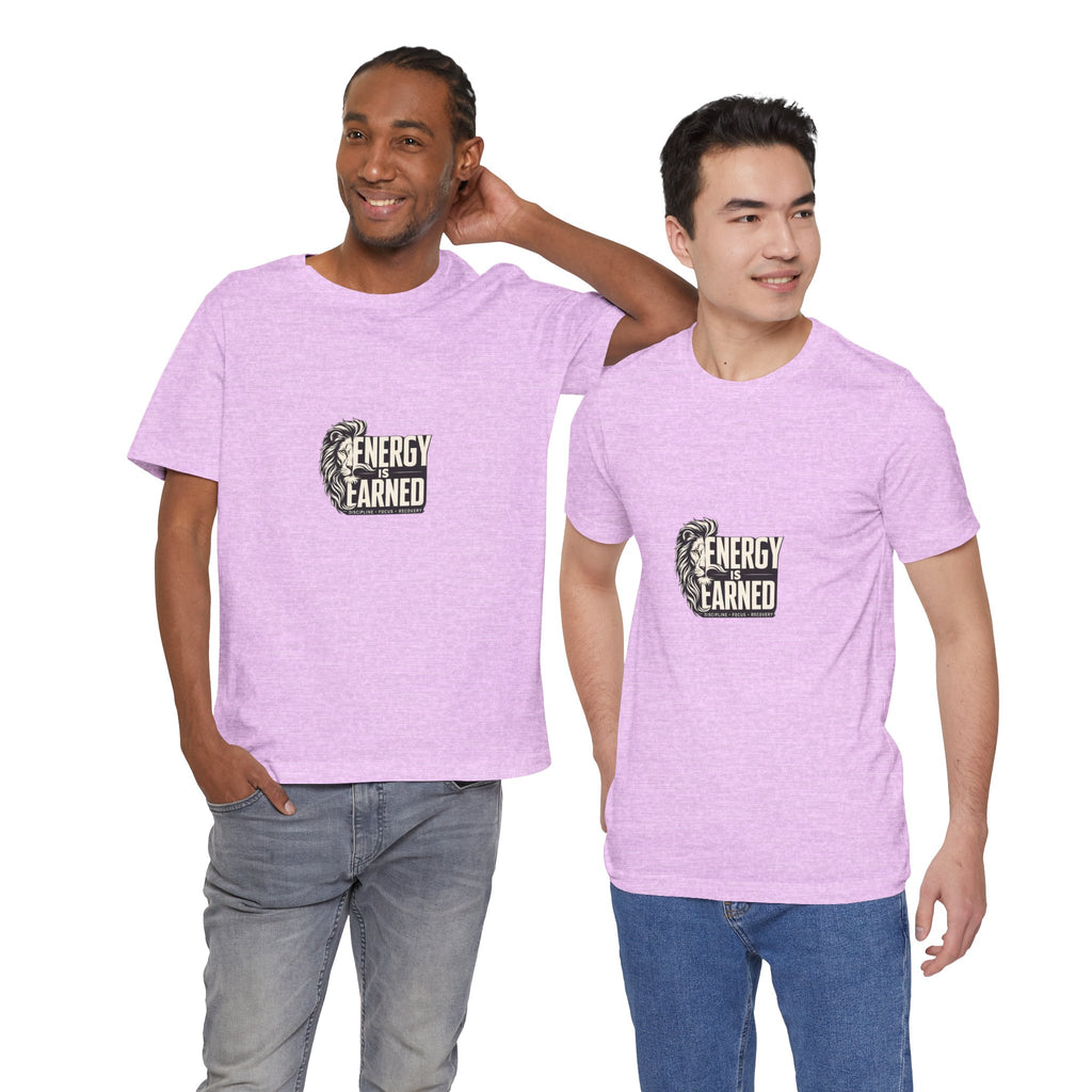Energy Is Earned Lion Graphic Tee - Motivational Fitness Shirt