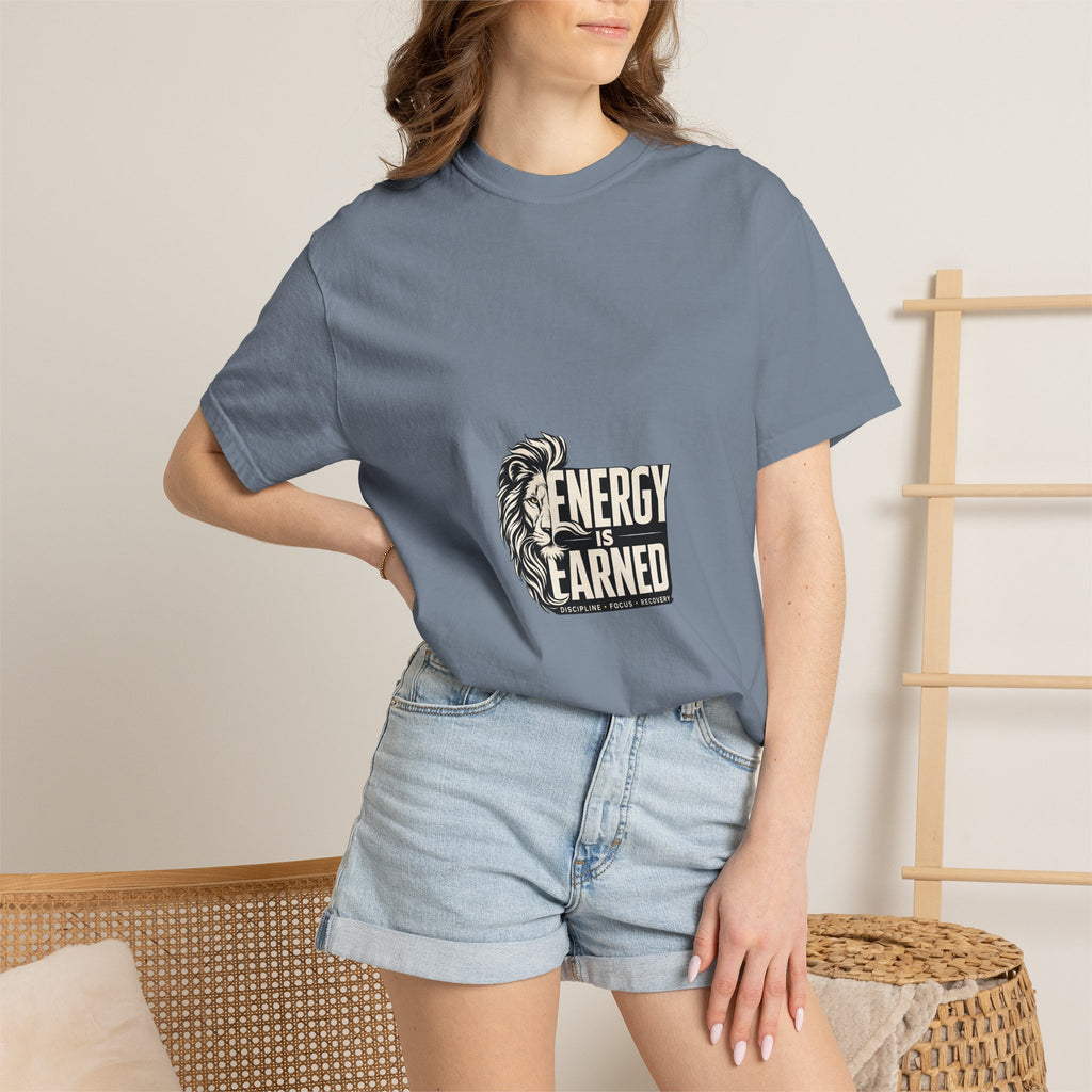 Energy Is Earned T-Shirt — Lion Graphic Motivational Tee