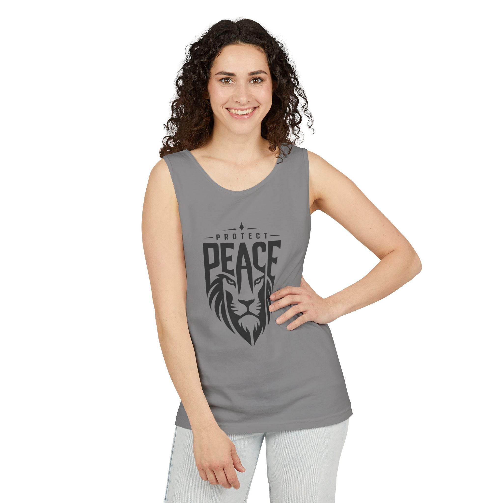 Protect Peace Lion Tank Top — Graphic Lion Shield Spiritual Tee
