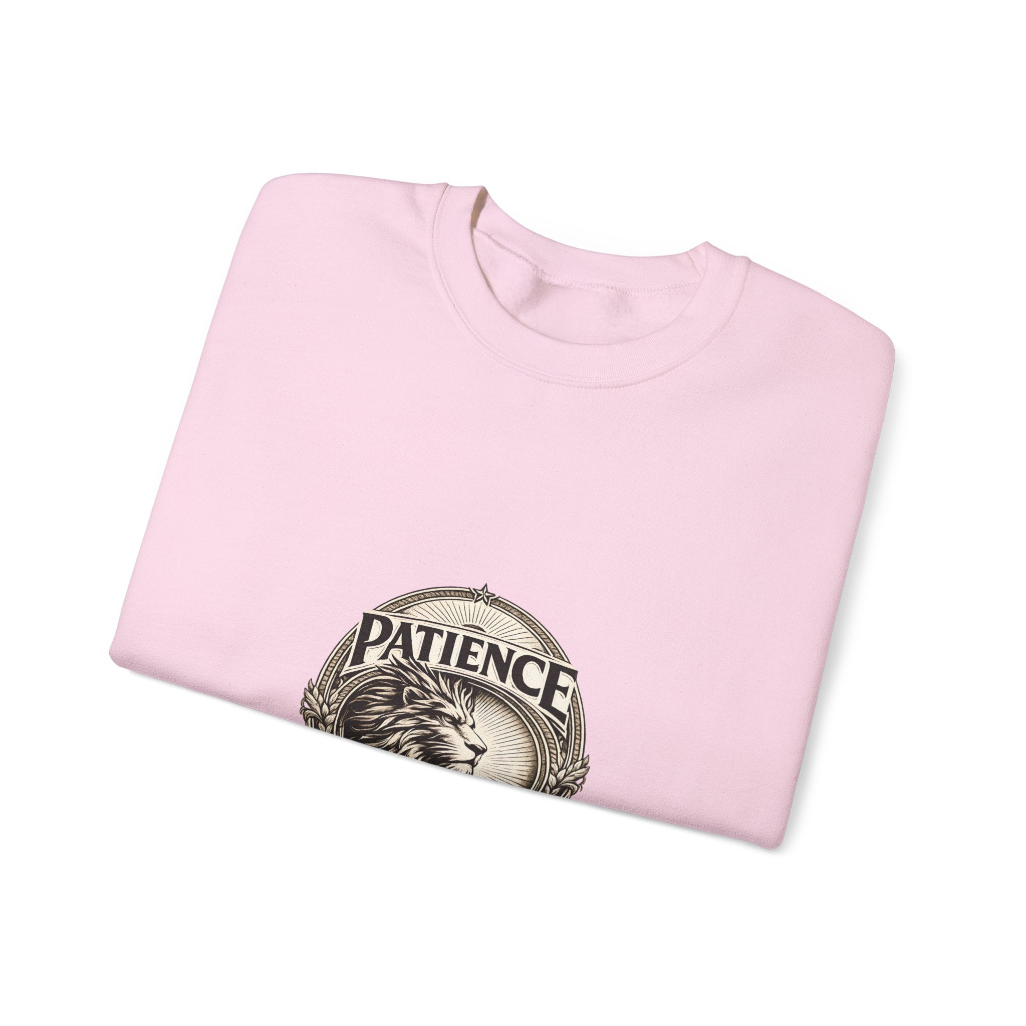 Patience Lion Crewneck Sweatshirt — Vintage Emblem Graphic