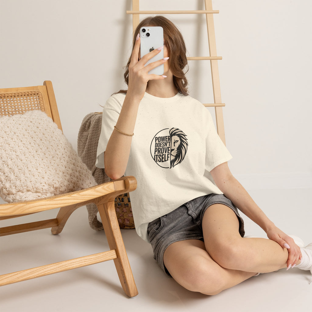 Lion Graphic Tee — "Power Doesn't Prove Itself" Motivational T-Shirt